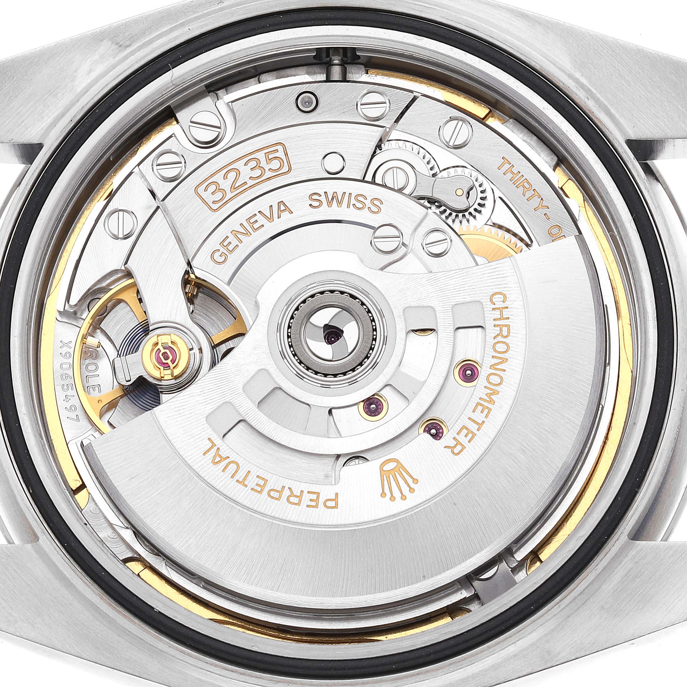 This image shows a close-up view of the movement inside a Rolex Datejust 41 126300 Men's Stainless Steel Blue Dial 126300 Men's Stainless Steel Blue Dial model.