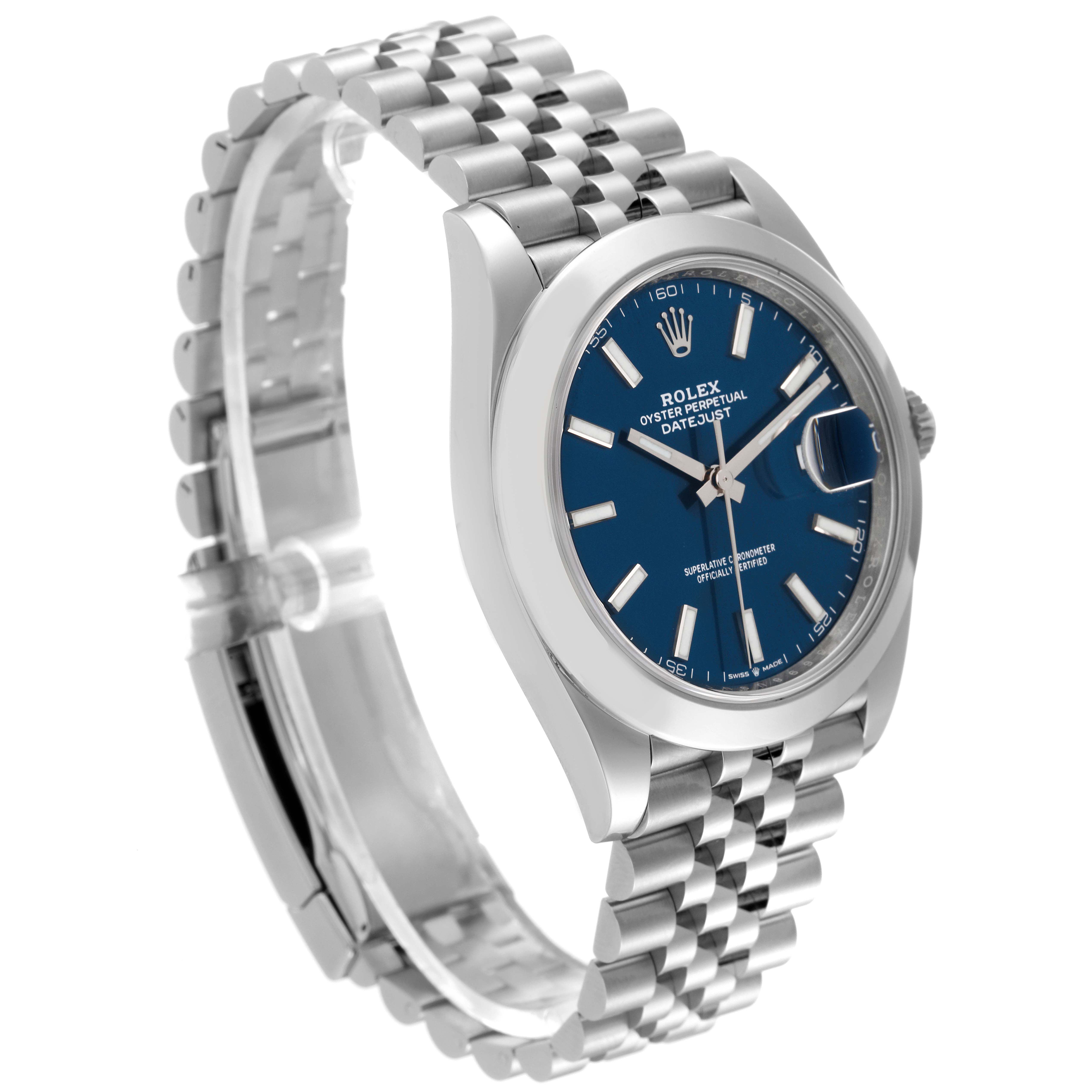 The image shows a Rolex Datejust 41 126300 Men's Stainless Steel Blue Dial 126300 Men's Stainless Steel Blue Dial watch at a slight side angle, highlighting its bracelet, case, blue dial, and bezel.