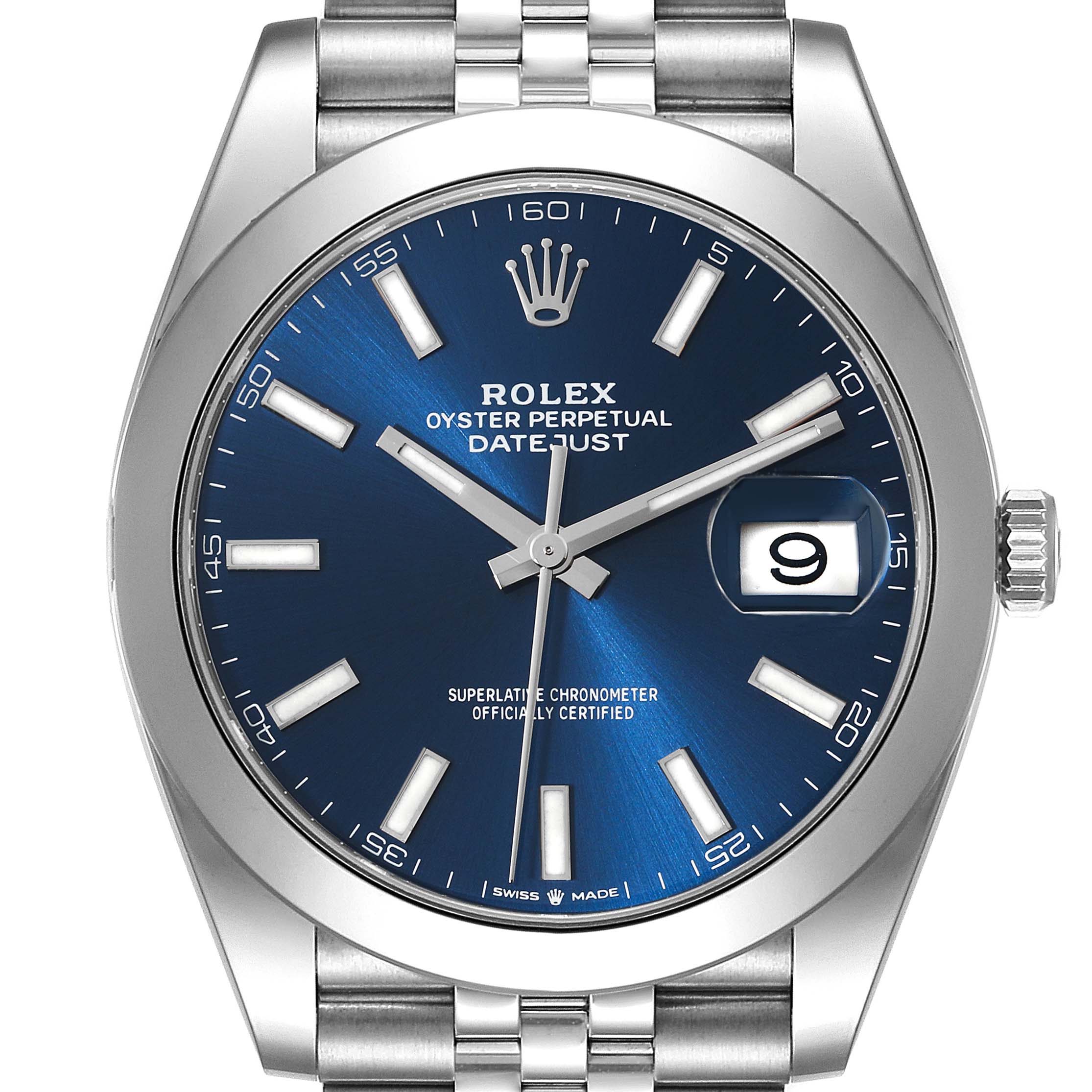 This image shows a front view of the Rolex Datejust 41 126300 Men's Stainless Steel Blue Dial 126300 Men's Stainless Steel Blue Dial watch, highlighting the blue dial, date window, and part of the bracelet.