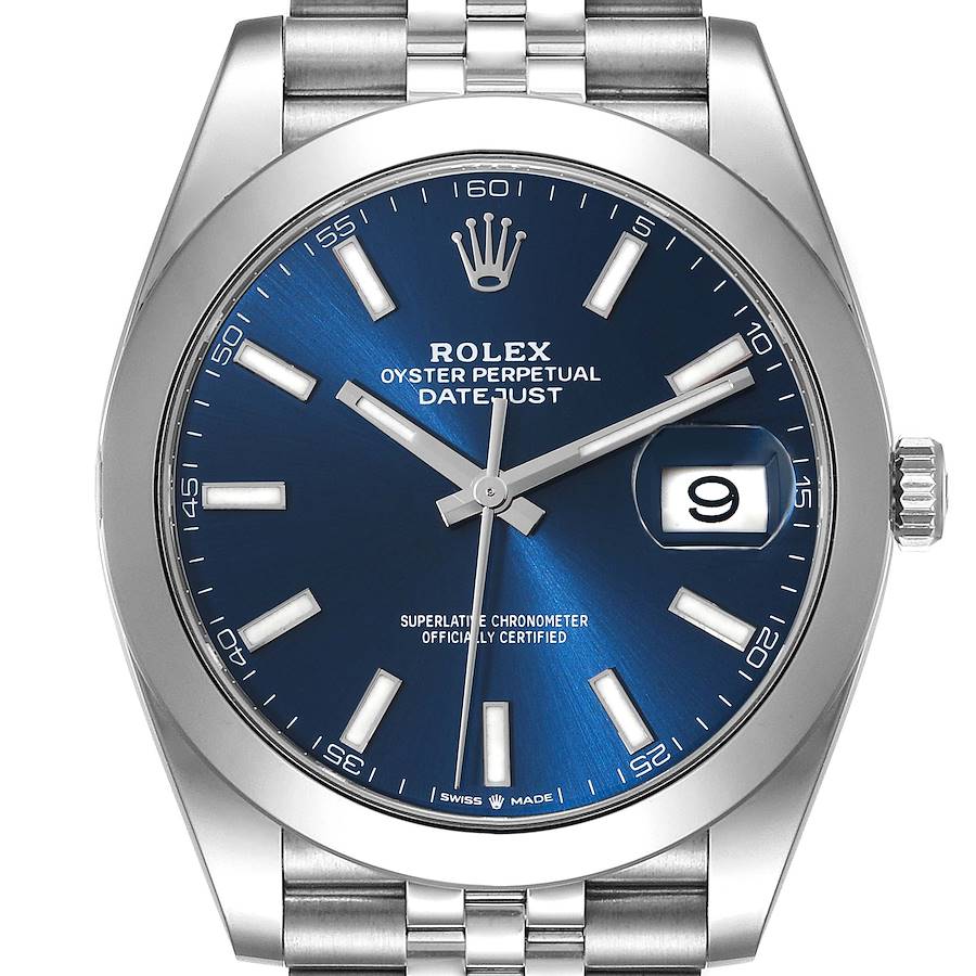 Rolex Datejust 41 Blue Dial Smooth Bezel Steel Mens Watch 126300 Box Card SwissWatchExpo