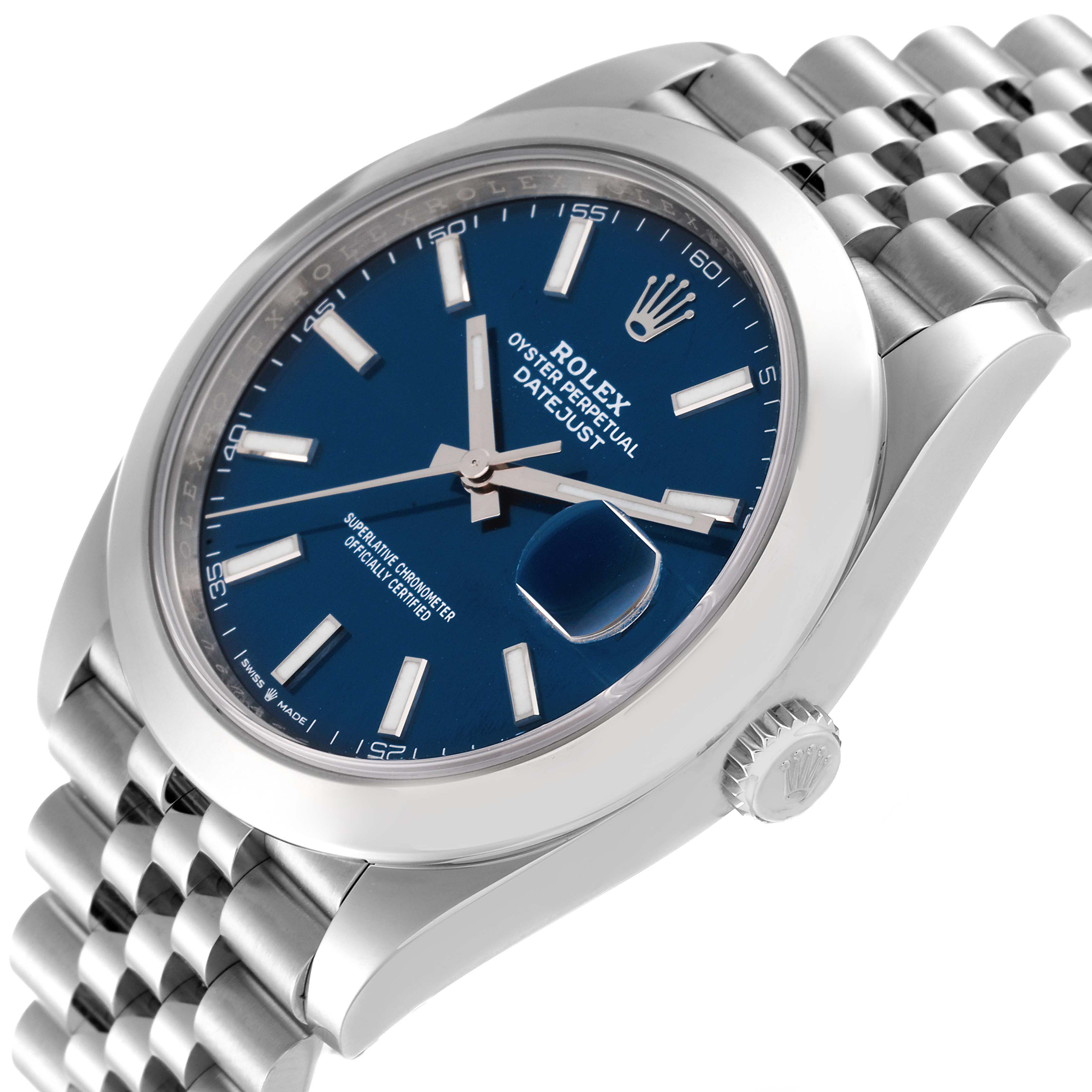 The image shows a Rolex Datejust 41 126300 Men's Stainless Steel Blue Dial 126300 Men's Stainless Steel Blue Dial watch from an angled view, highlighting the blue dial, case, and Jubilee bracelet.