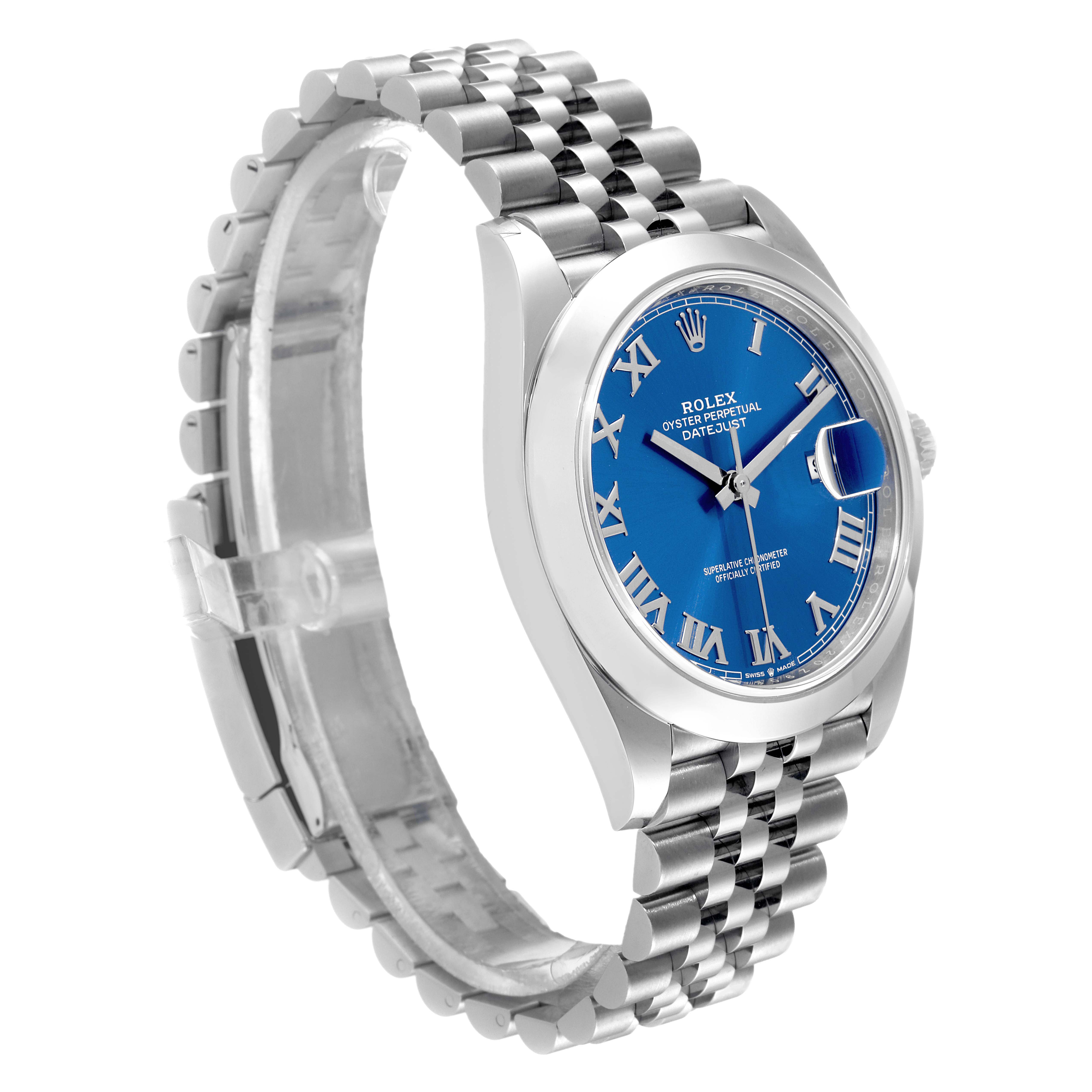 The Rolex Datejust 41 126300 Men's Stainless Steel Blue Dial 126300 Men's Stainless Steel Blue Dial watch is shown at a three-quarter side angle, highlighting its blue dial, Roman numerals, and jubilee bracelet.