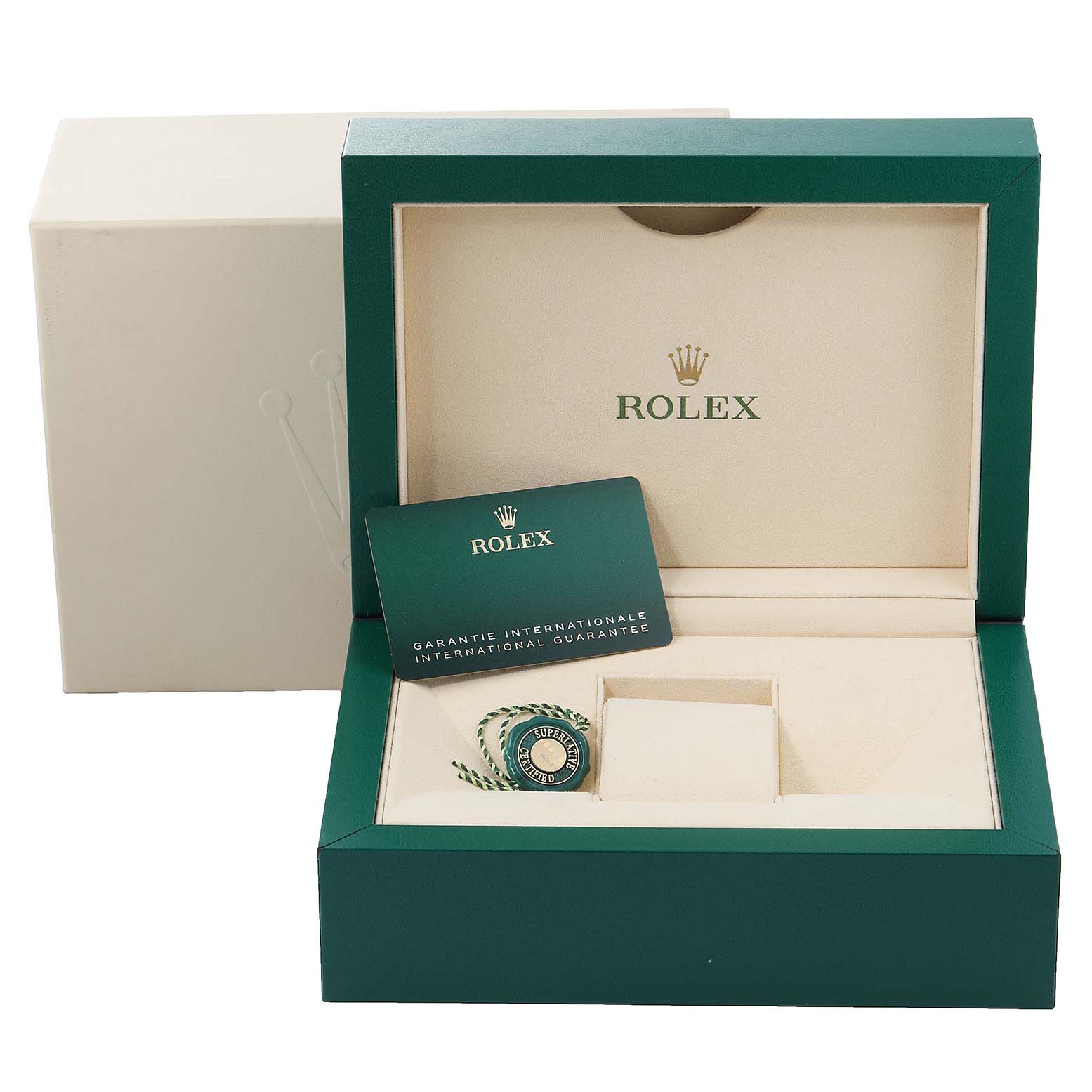 The Rolex Datejust 41 126300 Men's Stainless Steel Blue Dial 126300 Men's Stainless Steel Blue Dial packaging displays the inside of the box, guarantee card, and a tag from a front angle.