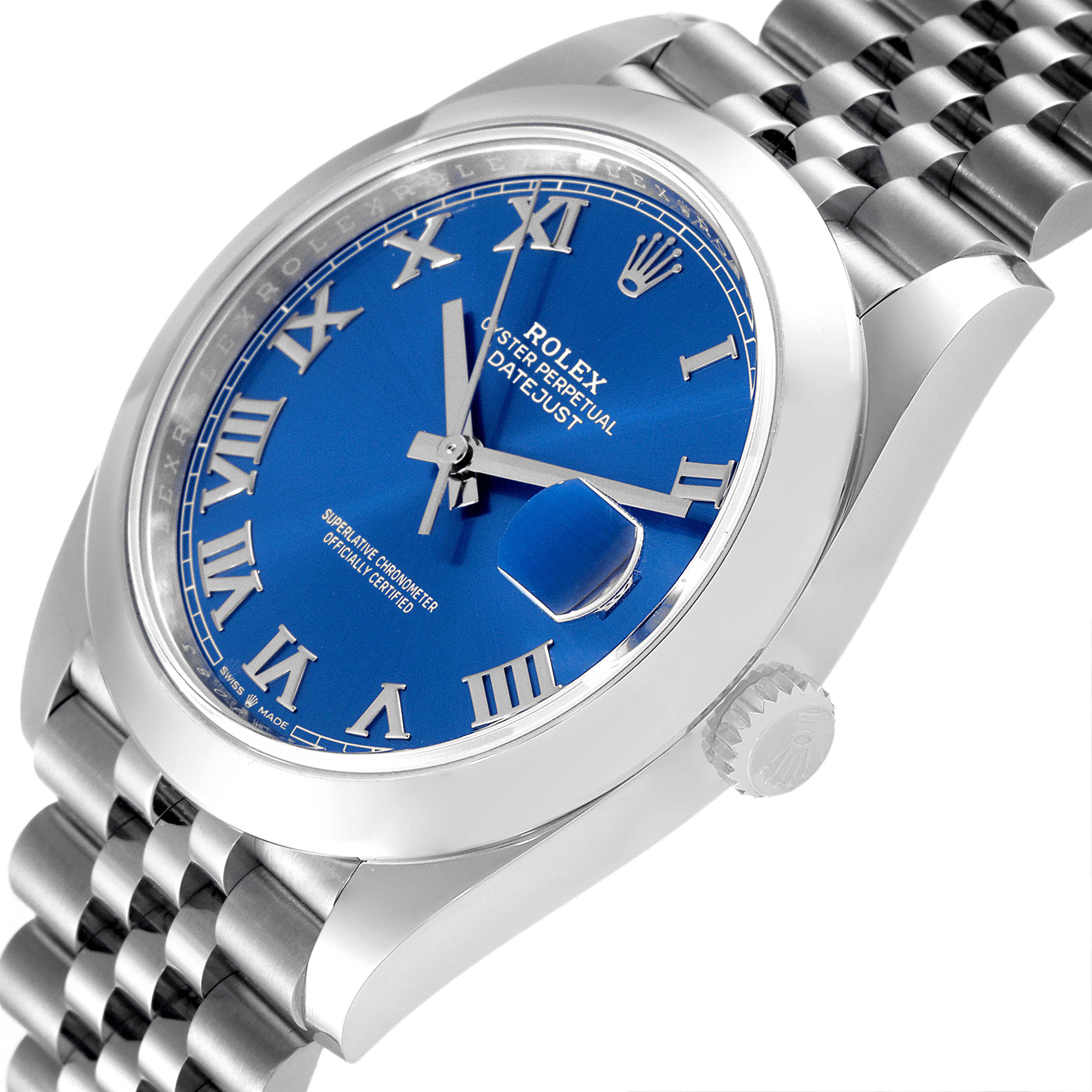 The image shows a Rolex Datejust 41 126300 Men's Stainless Steel Blue Dial 126300 Men's Stainless Steel Blue Dial watch angled from the front, highlighting its blue dial, Roman numerals, and bracelet.