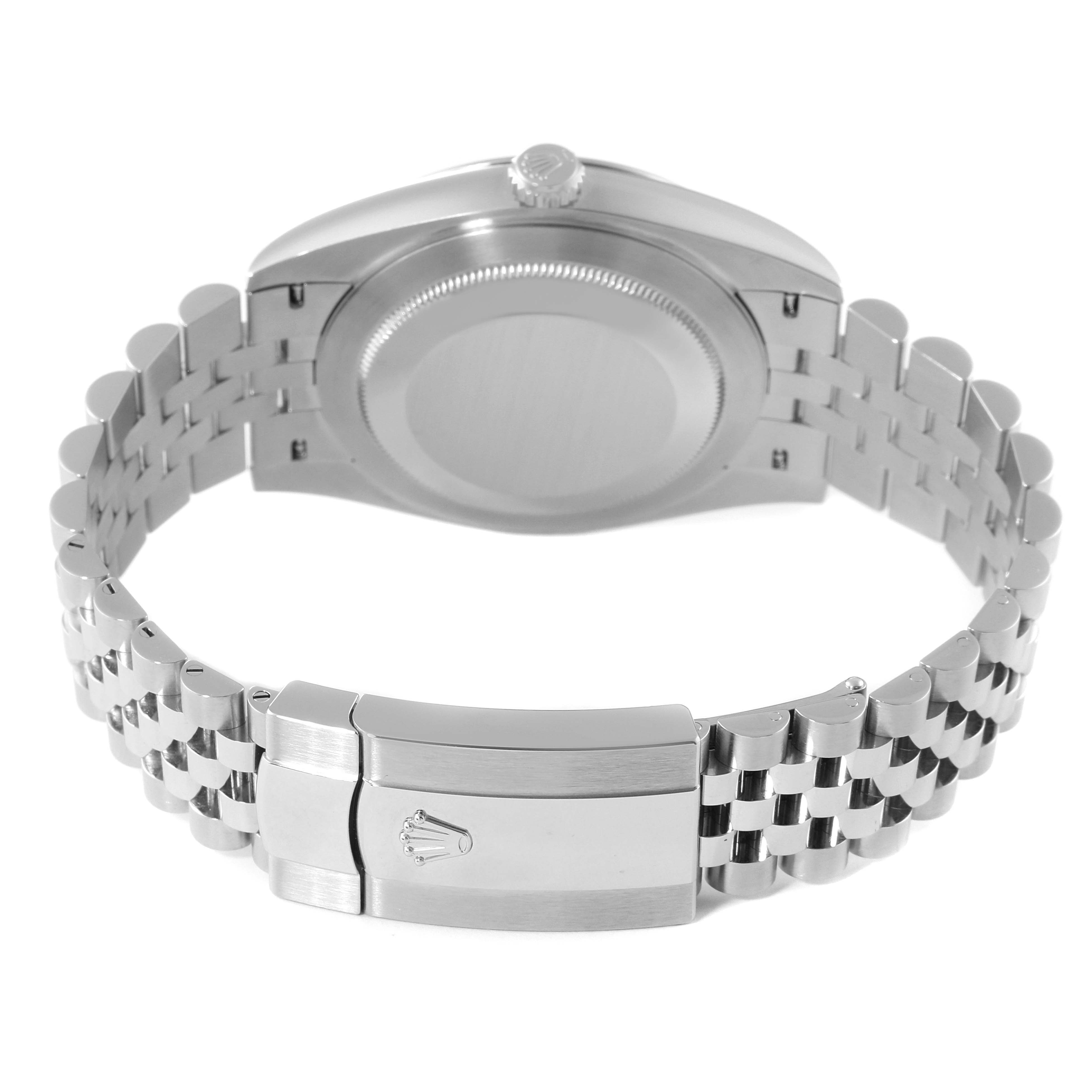 The image shows the back view of a Datejust 41 Rolex watch, including the case back and jubilee bracelet.