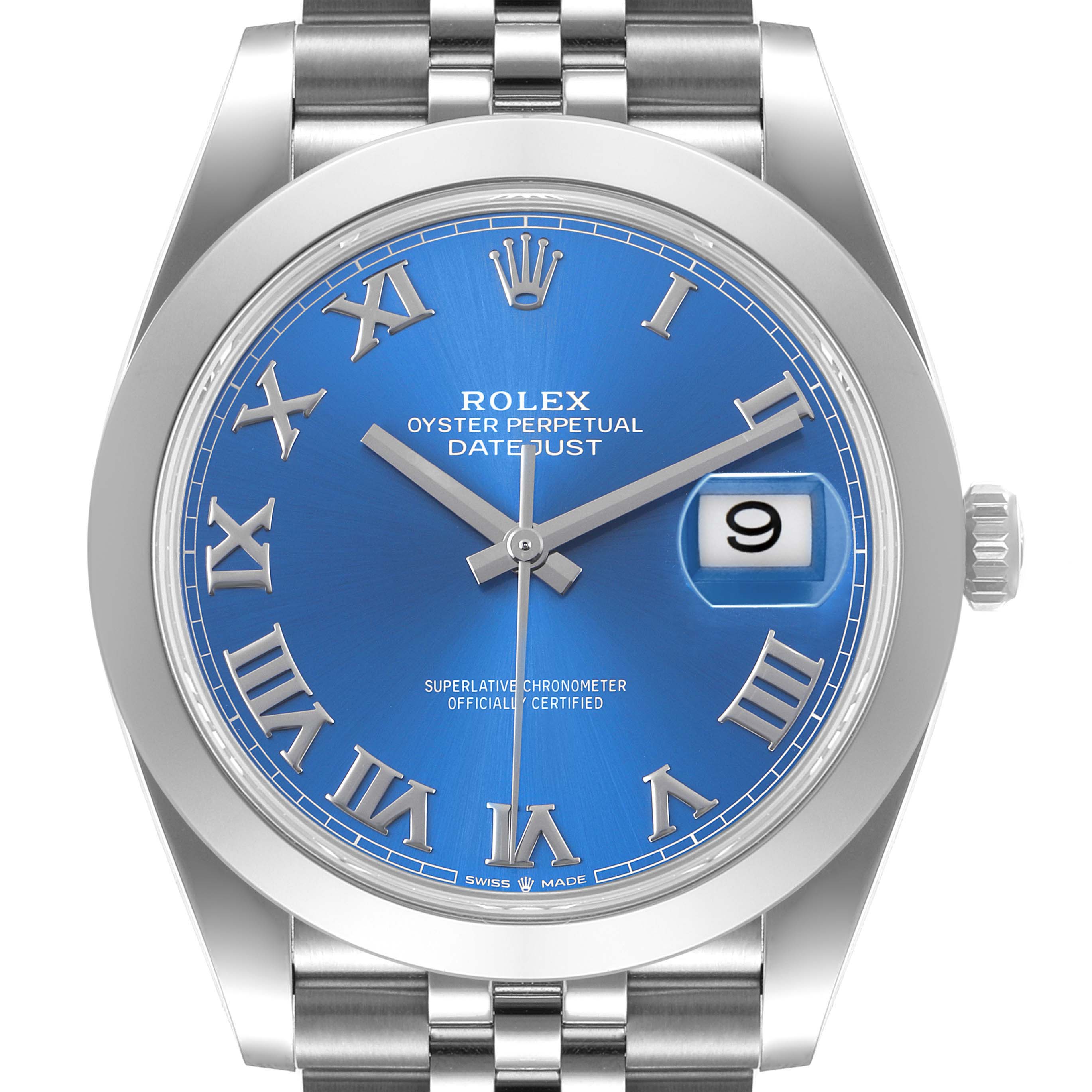 The image shows the face and partial bracelet of a Rolex Datejust 41 126300 Men's Stainless Steel Blue Dial 126300 Men's Stainless Steel Blue Dial, displaying a blue dial with Roman numerals and a date window.