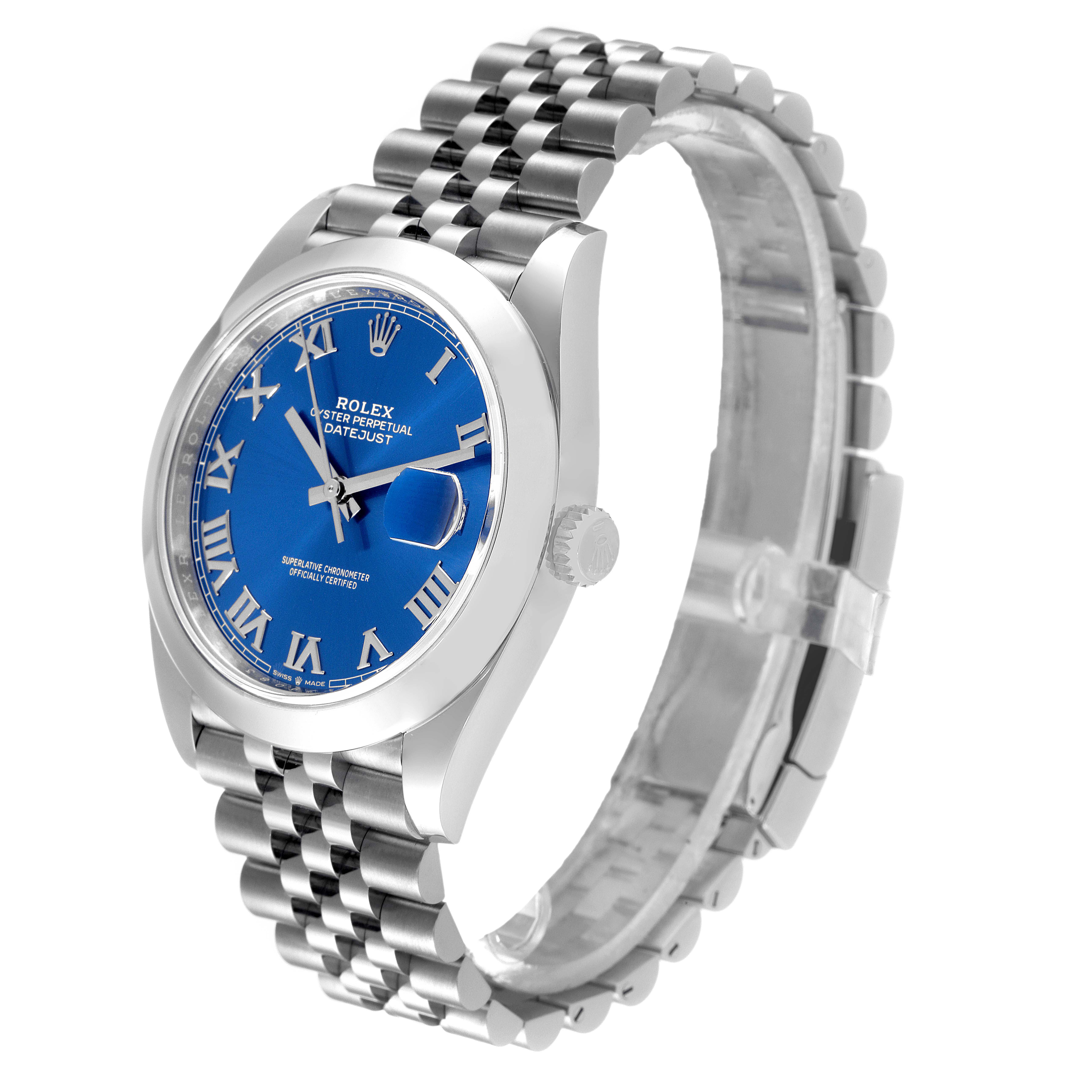 The Rolex Datejust 41 126300 Men's Stainless Steel Blue Dial 126300 Men's Stainless Steel Blue Dial watch is shown at a three-quarter angle, displaying its blue dial, Roman numerals, stainless steel case, and Jubilee bracelet.