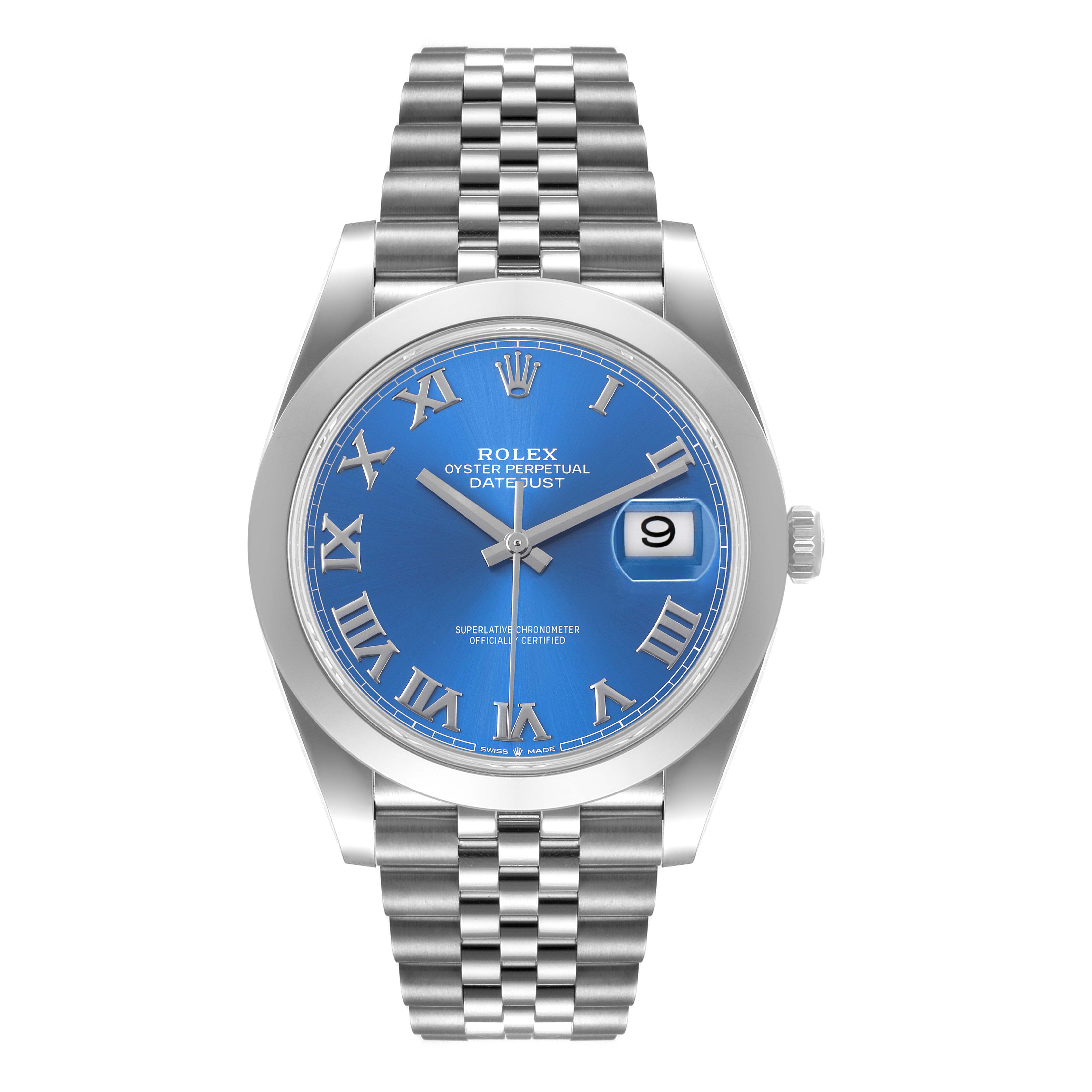 This image showcases the Rolex Datejust 41 126300 Men's Stainless Steel Blue Dial 126300 Men's Stainless Steel Blue Dial model, viewed from the front, featuring its dial, bezel, and bracelet.