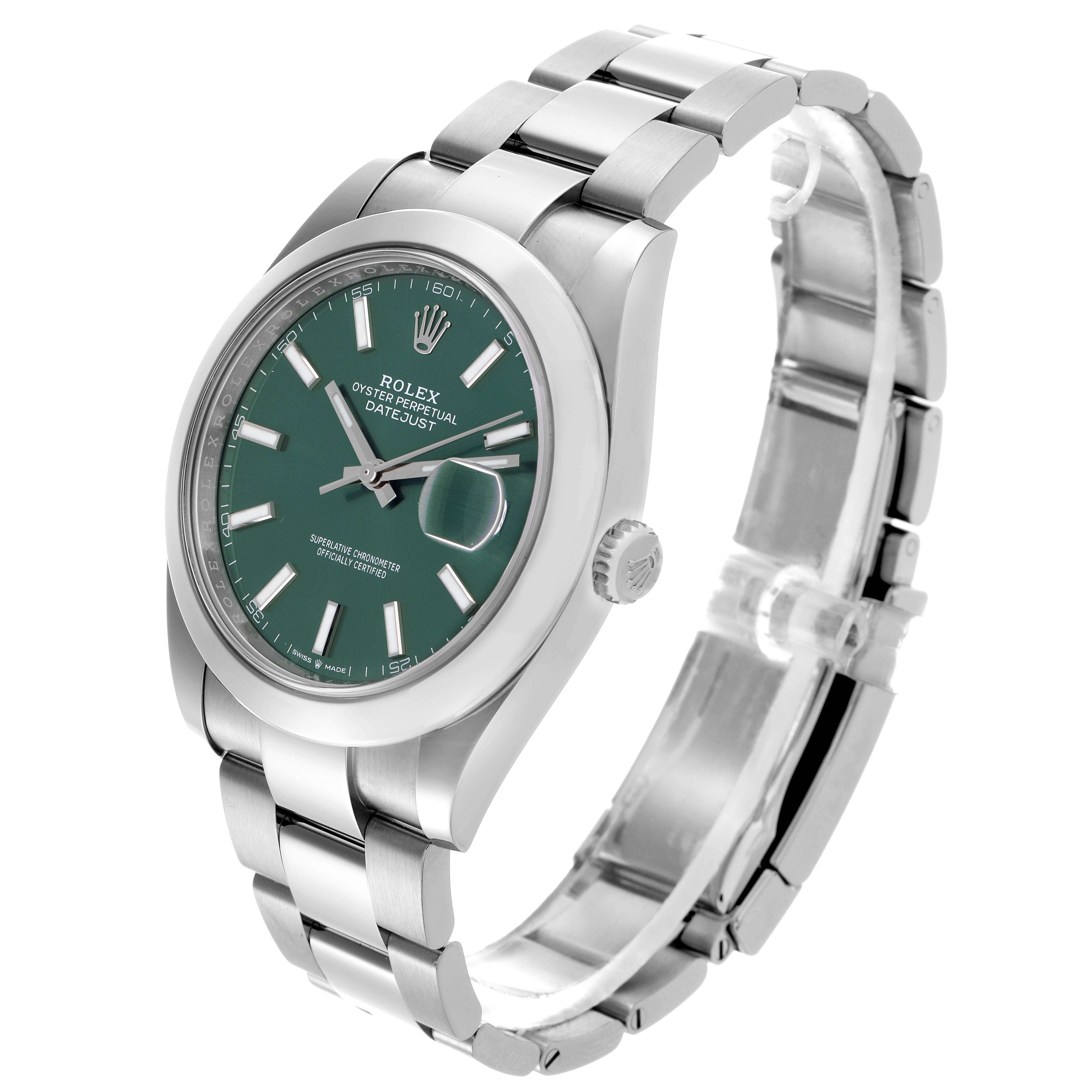 The Rolex Datejust 41 126300 Men
s Stainless Steel Green Dial 126300 Men
s Stainless Steel Green Dial is shown at a slight angle, displaying the face, bezel, crown, and part of the bracelet.