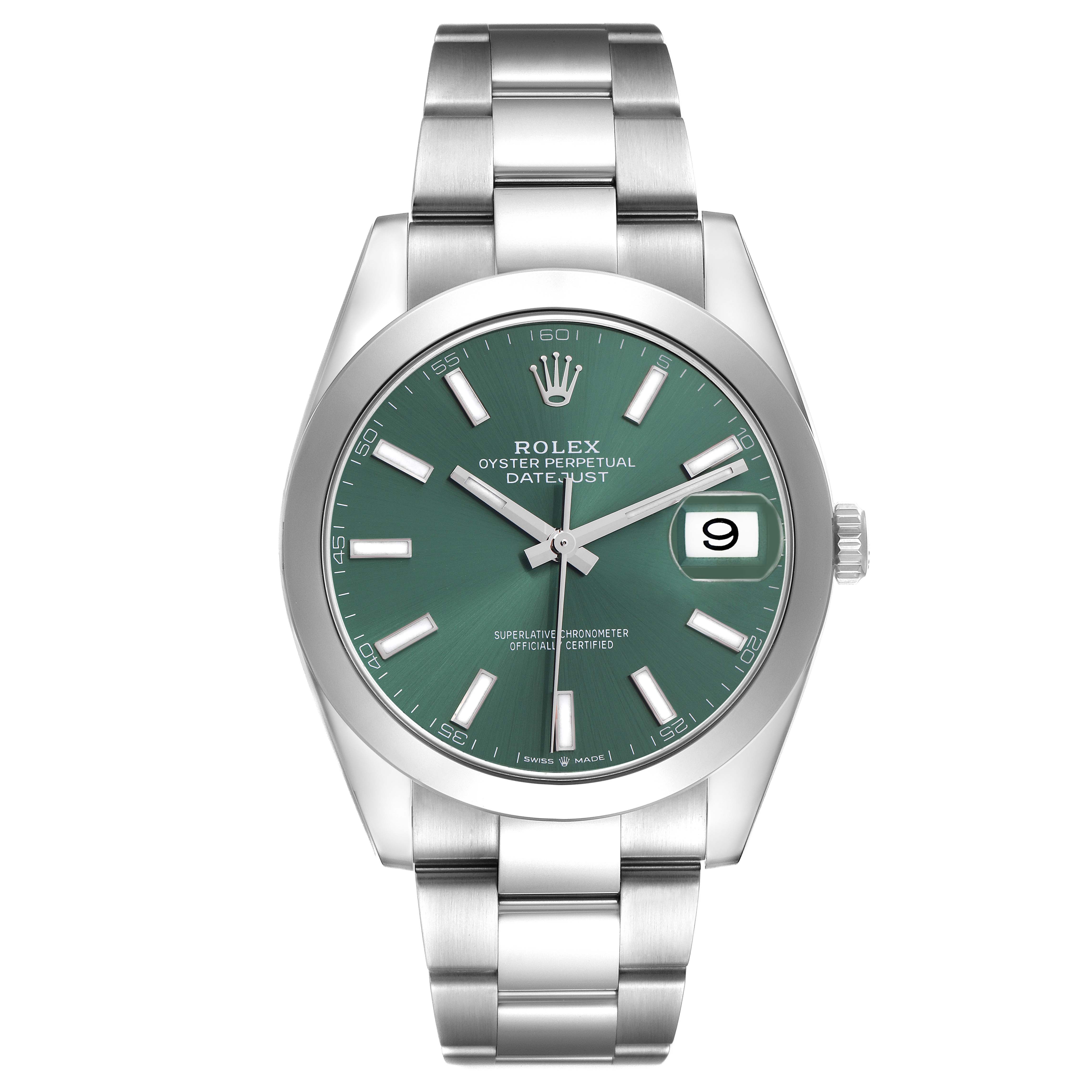 The Rolex Datejust 41 126300 Men
s Stainless Steel Green Dial 126300 Men
s Stainless Steel Green Dial watch is shown from a front angle, displaying the full face, bezel, and part of the bracelet.