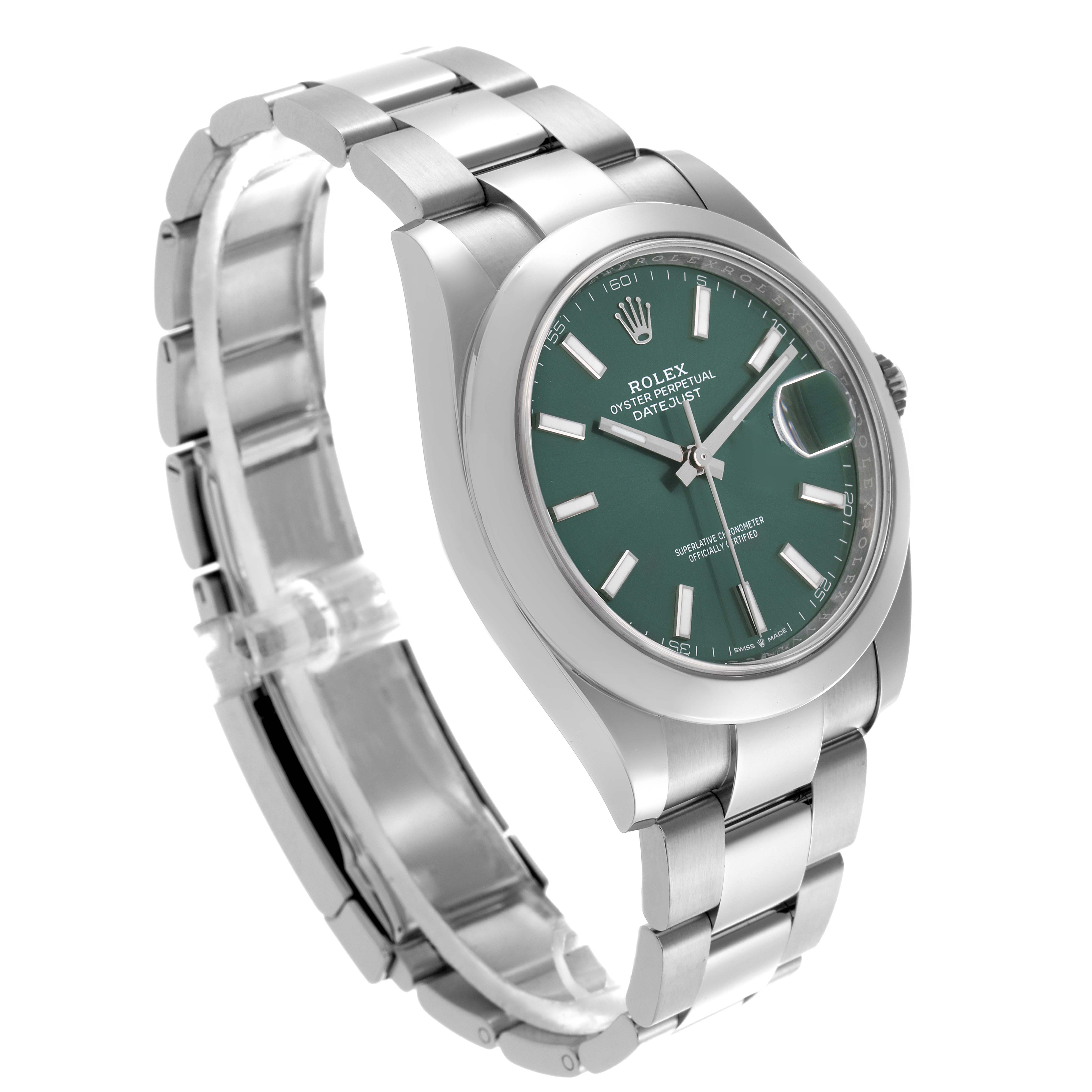 The Rolex Datejust 41 126300 Men
s Stainless Steel Green Dial 126300 Men
s Stainless Steel Green Dial is shown at a three-quarter angle, highlighting the green dial, hour markers, and stainless steel bracelet.