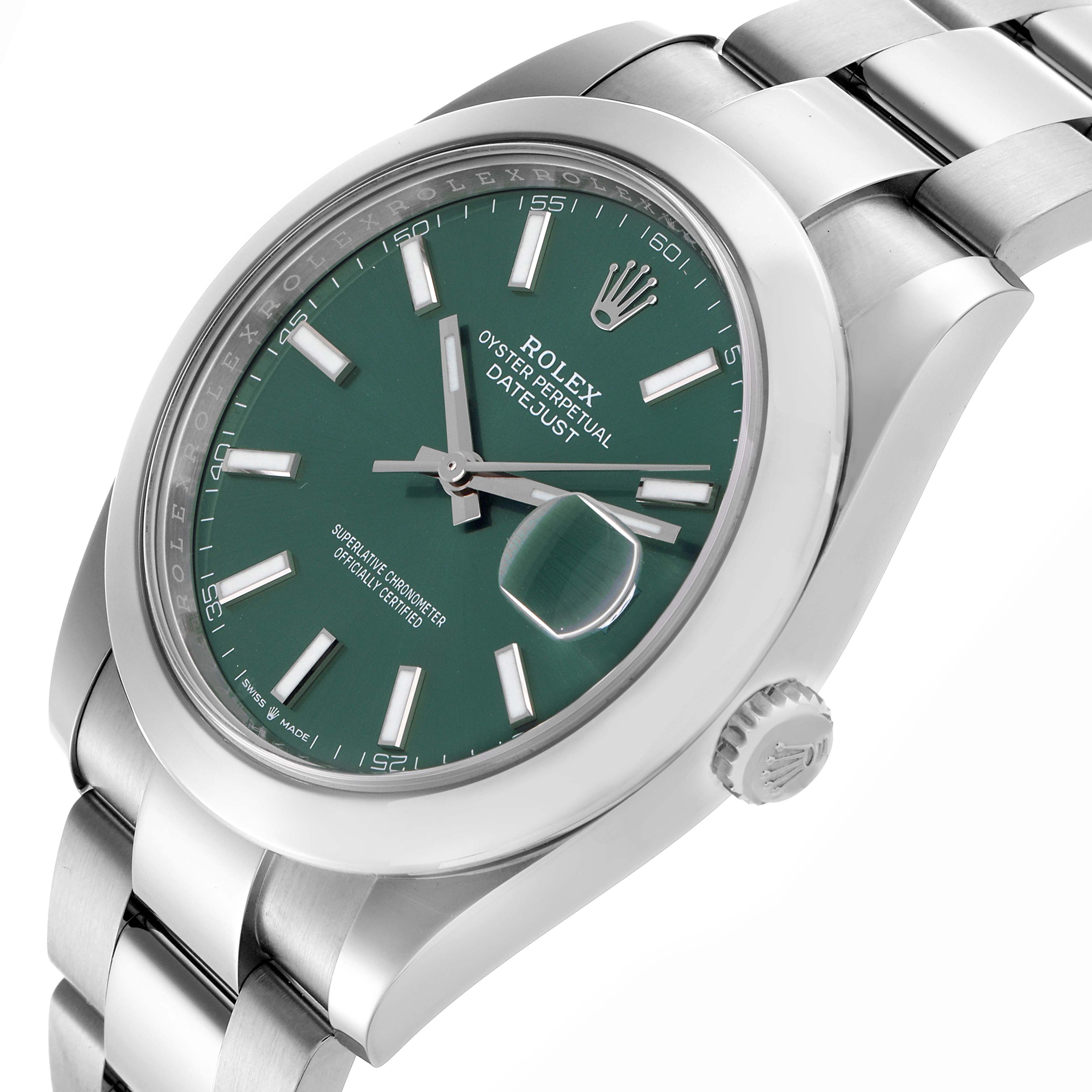 The Rolex Datejust 41 126300 Men
s Stainless Steel Green Dial 126300 Men
s Stainless Steel Green Dial watch is shown at a slight angle, highlighting the green dial, bezel, bracelet, and crown.