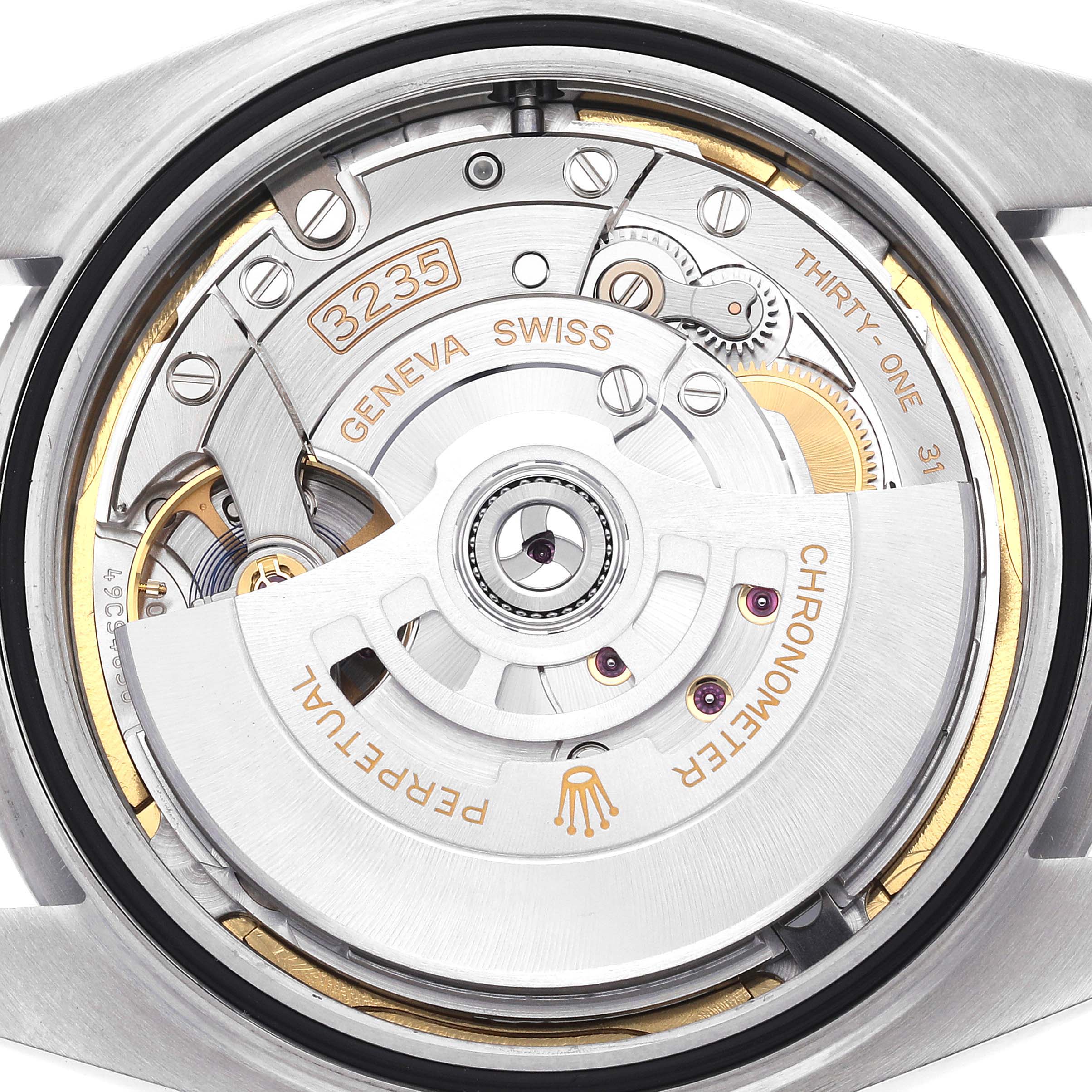 The image shows the movement of a Rolex Datejust 41 126300 Men
s Stainless Steel Green Dial 126300 Men
s Stainless Steel Green Dial, featuring the rotor and visible gears from the back view.