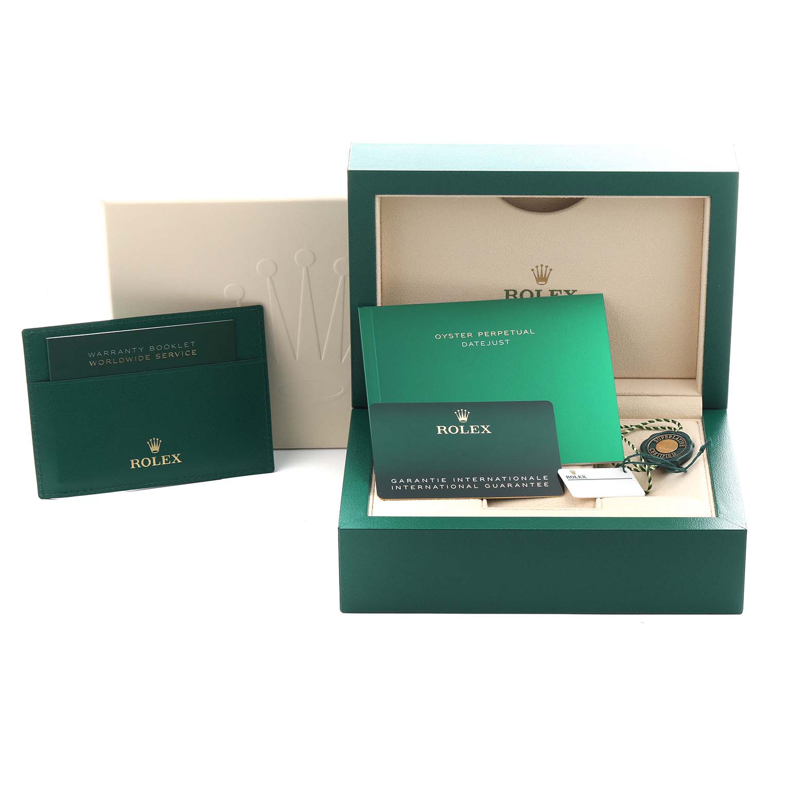 The image shows Rolex Datejust 41 126300 Men
s Stainless Steel Green Dial 126300 Men
s Stainless Steel Green Dial accessories, including a box, warranty booklet, and tags, viewed from the front.