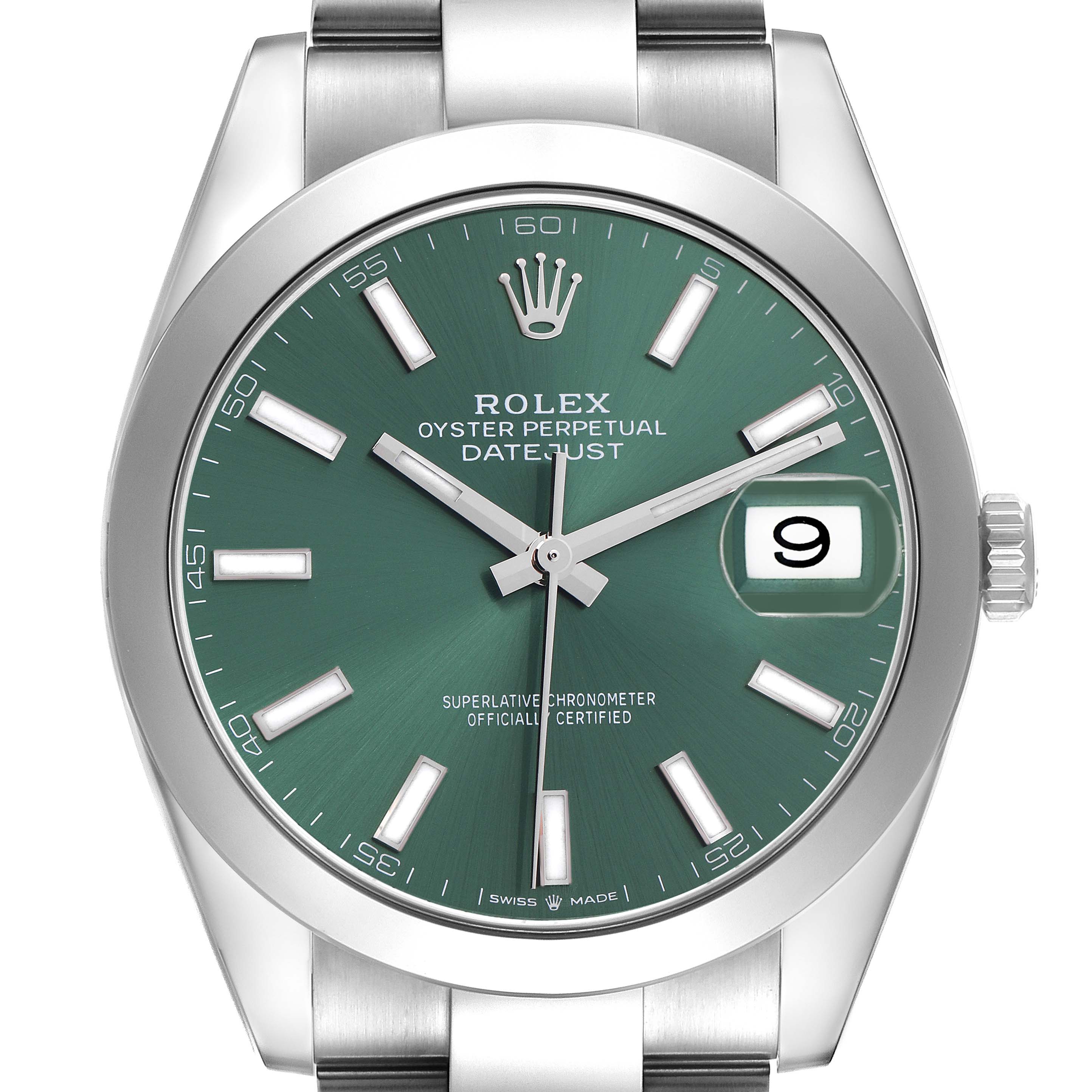 The Rolex Datejust 41 126300 Men
s Stainless Steel Green Dial 126300 Men
s Stainless Steel Green Dial is shown from a front angle, highlighting its green dial, bezel, crown, and date window.