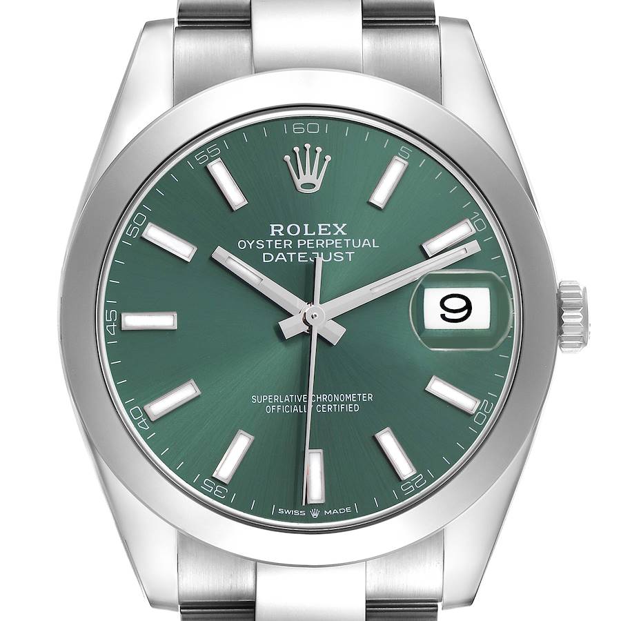 The Rolex Datejust 41 is shown from a front angle, highlighting its green dial, bezel, crown, and date window.