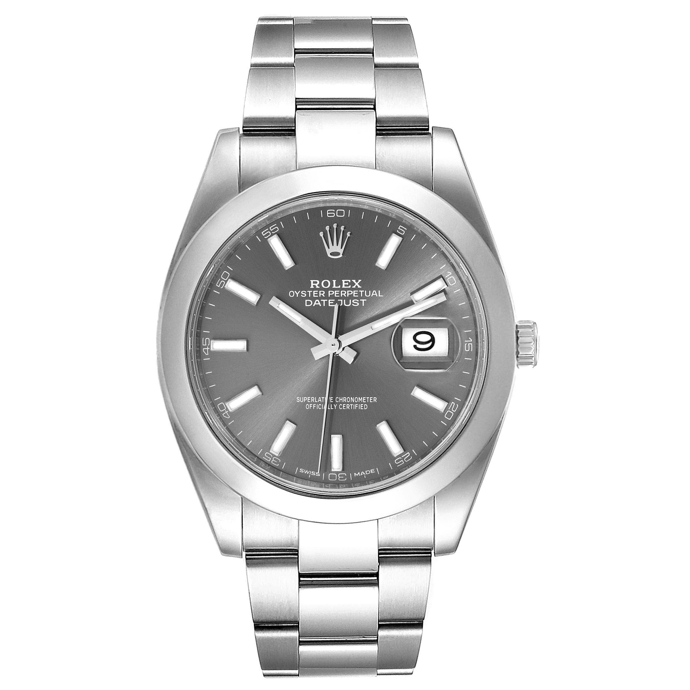 The image shows a frontal view of the Rolex Datejust 41 126300 Men's Stainless Steel Grey Dial 126300 Men's Stainless Steel Grey Dial watch, focusing on its dial, bracelet, and crown.