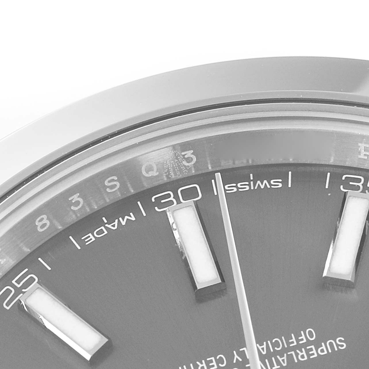 The image shows a close-up of the dial's outer edge and hour markers of a Rolex Datejust 41 126300 Men's Stainless Steel Grey Dial 126300 Men's Stainless Steel Grey Dial watch.