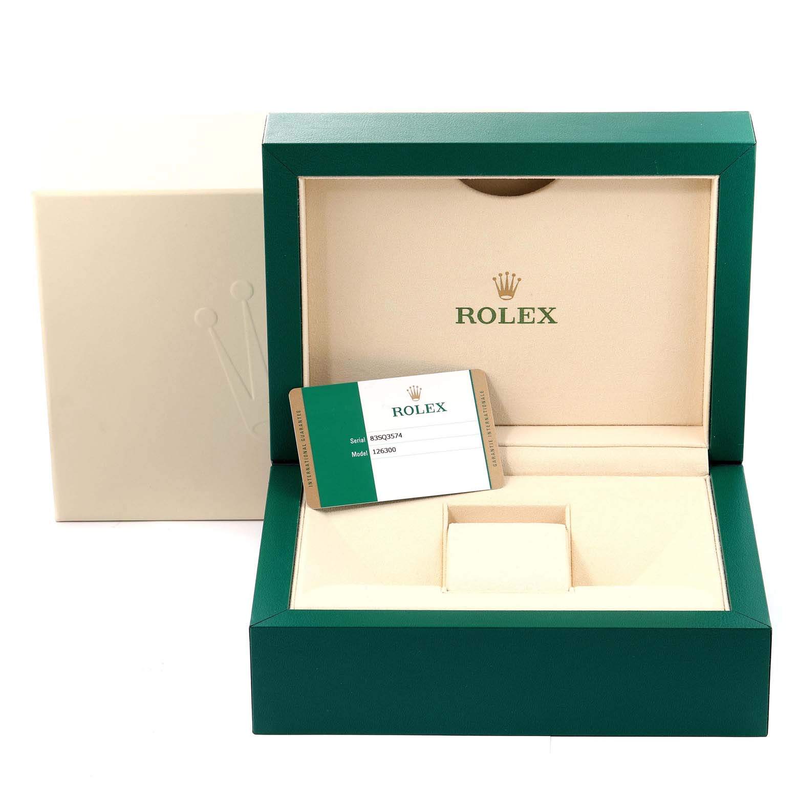 The image shows the open box and warranty card for a Rolex Datejust 41 126300 Men's Stainless Steel Grey Dial 126300 Men's Stainless Steel Grey Dial model watch.