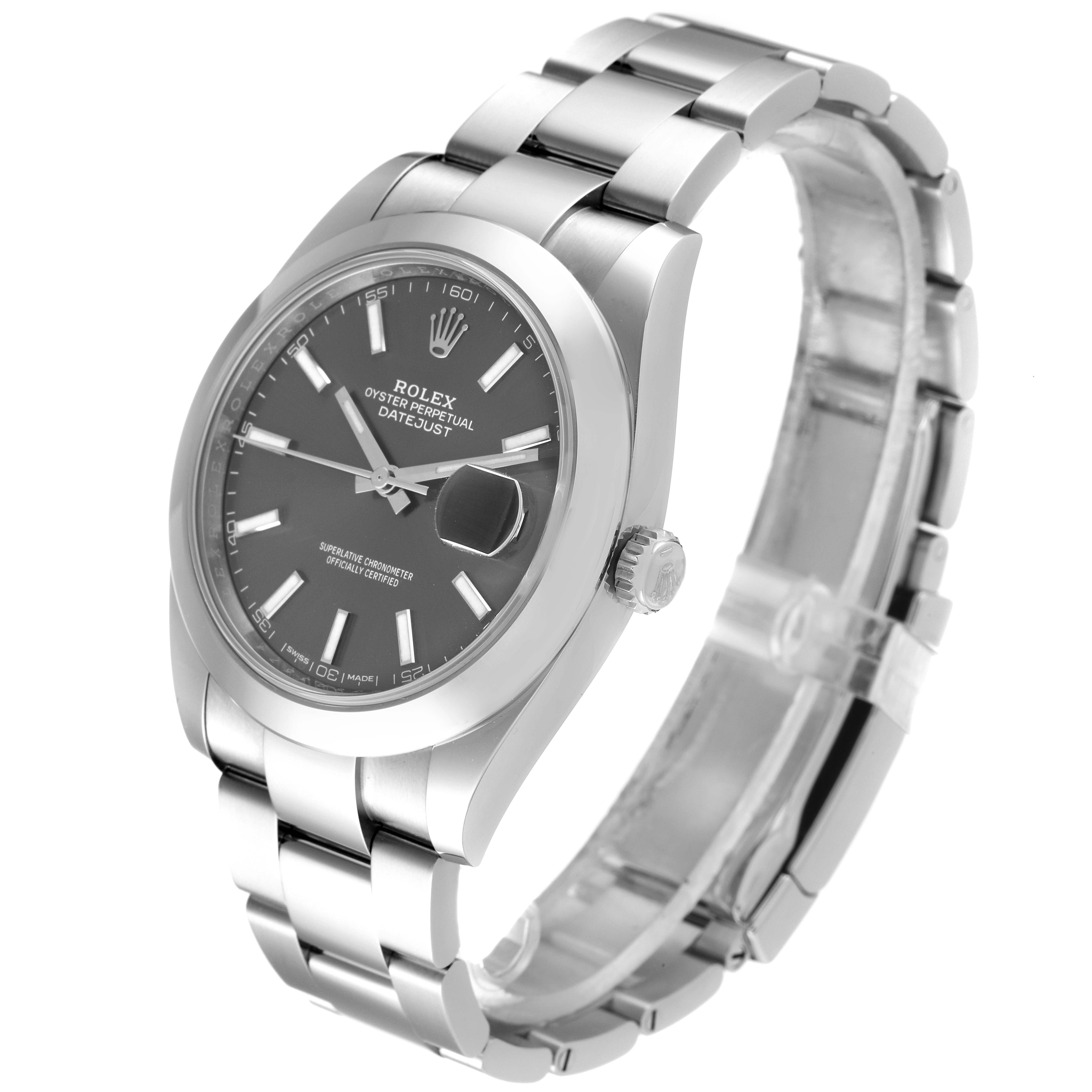 The Rolex Datejust 41 126300 Men's Stainless Steel Grey Dial 126300 Men's Stainless Steel Grey Dial watch is shown from an angled side view, displaying its face, bezel, bracelet, and crown.