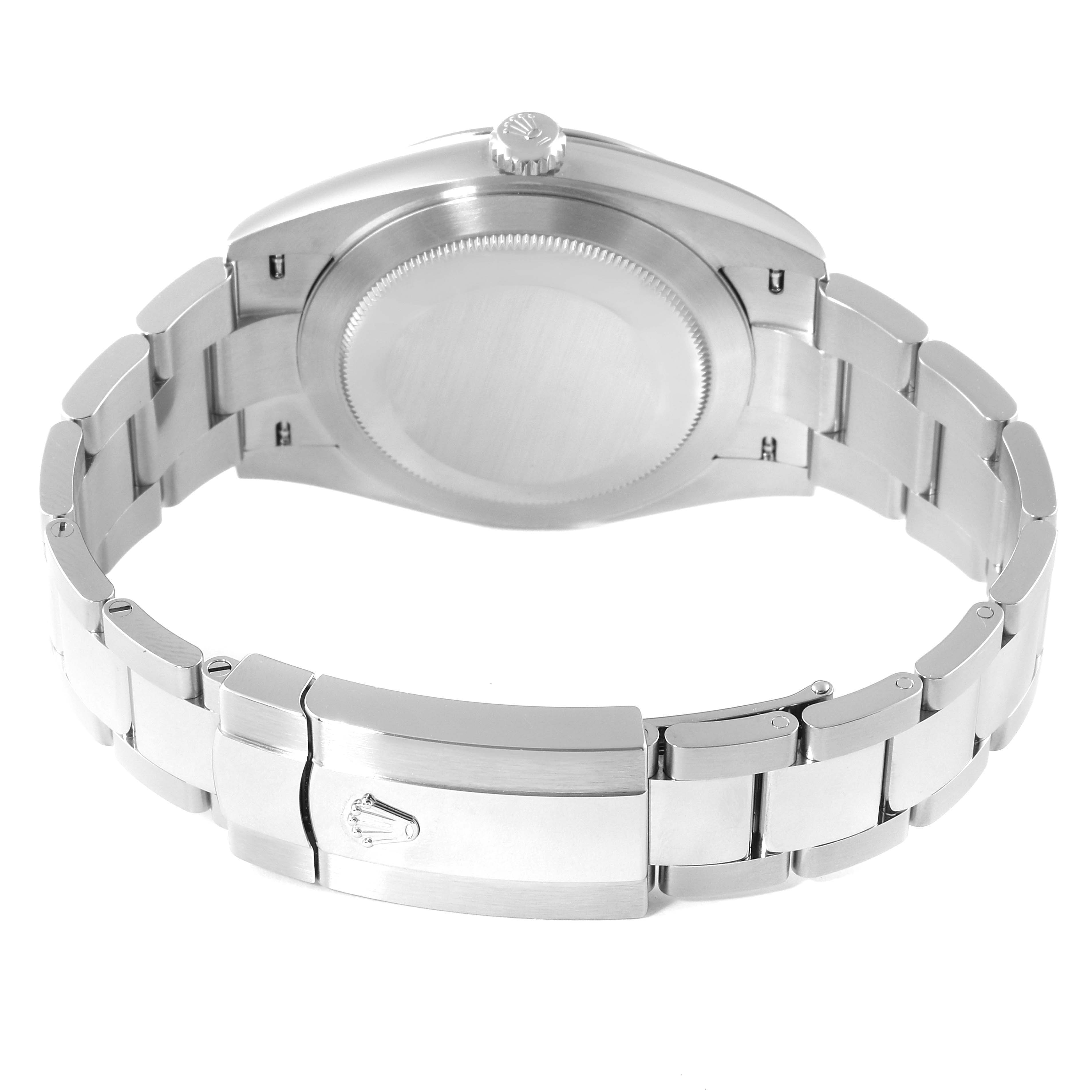 The image shows the back enclosure, crown, and bracelet clasp of the Rolex Datejust 41 126300 Men
s Stainless Steel Grey Dial 126300 Men
s Stainless Steel Grey Dial watch from the rear angle.