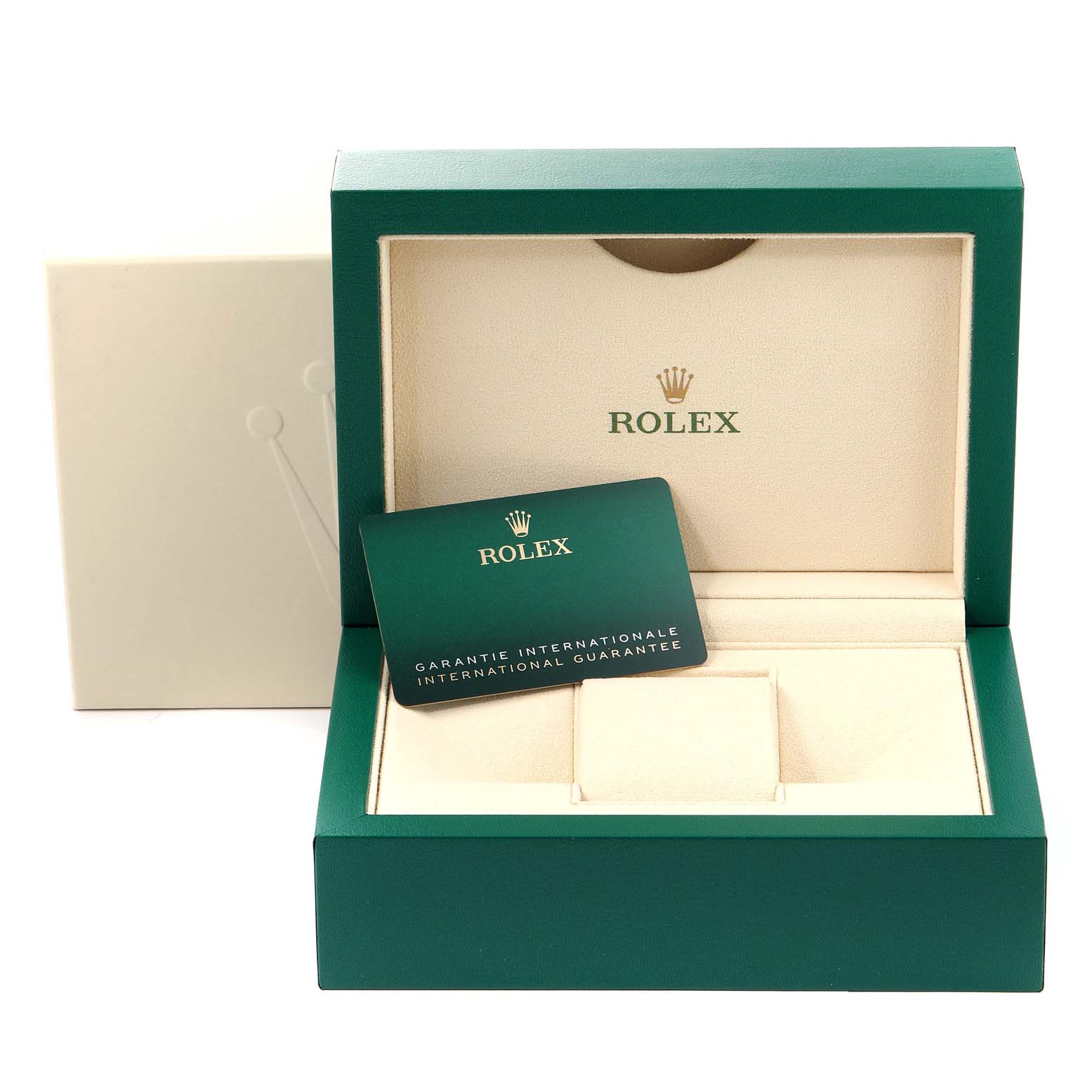 The image shows the packaging and warranty card for a Rolex Datejust 41 126300 Men
s Stainless Steel Grey Dial 126300 Men
s Stainless Steel Grey Dial, with the watch box open.