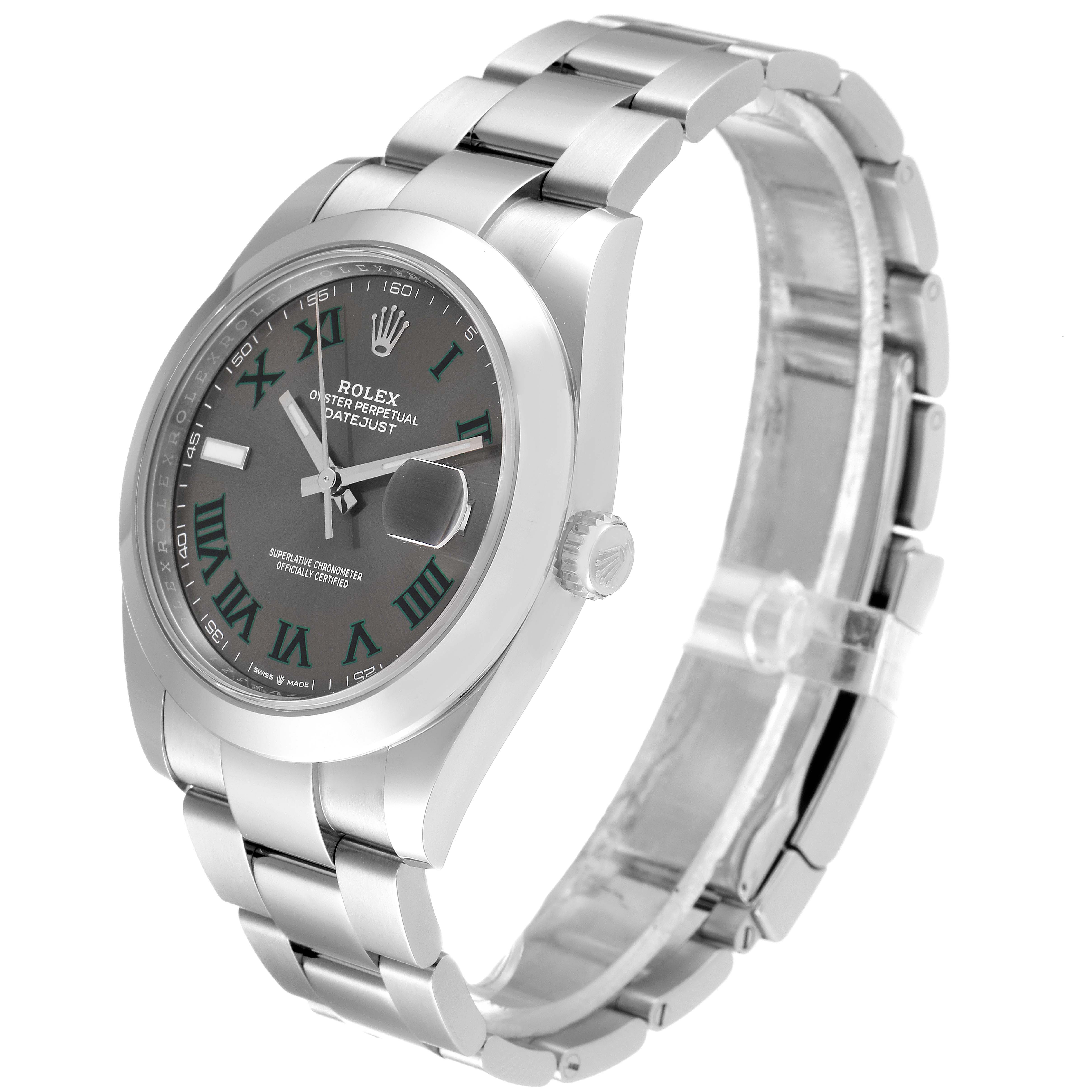 This image shows a side angle view of the Rolex Datejust 41 126300 Men
s Stainless Steel Grey Dial 126300 Men
s Stainless Steel Grey Dial, displaying its dial, bracelet, and crown.