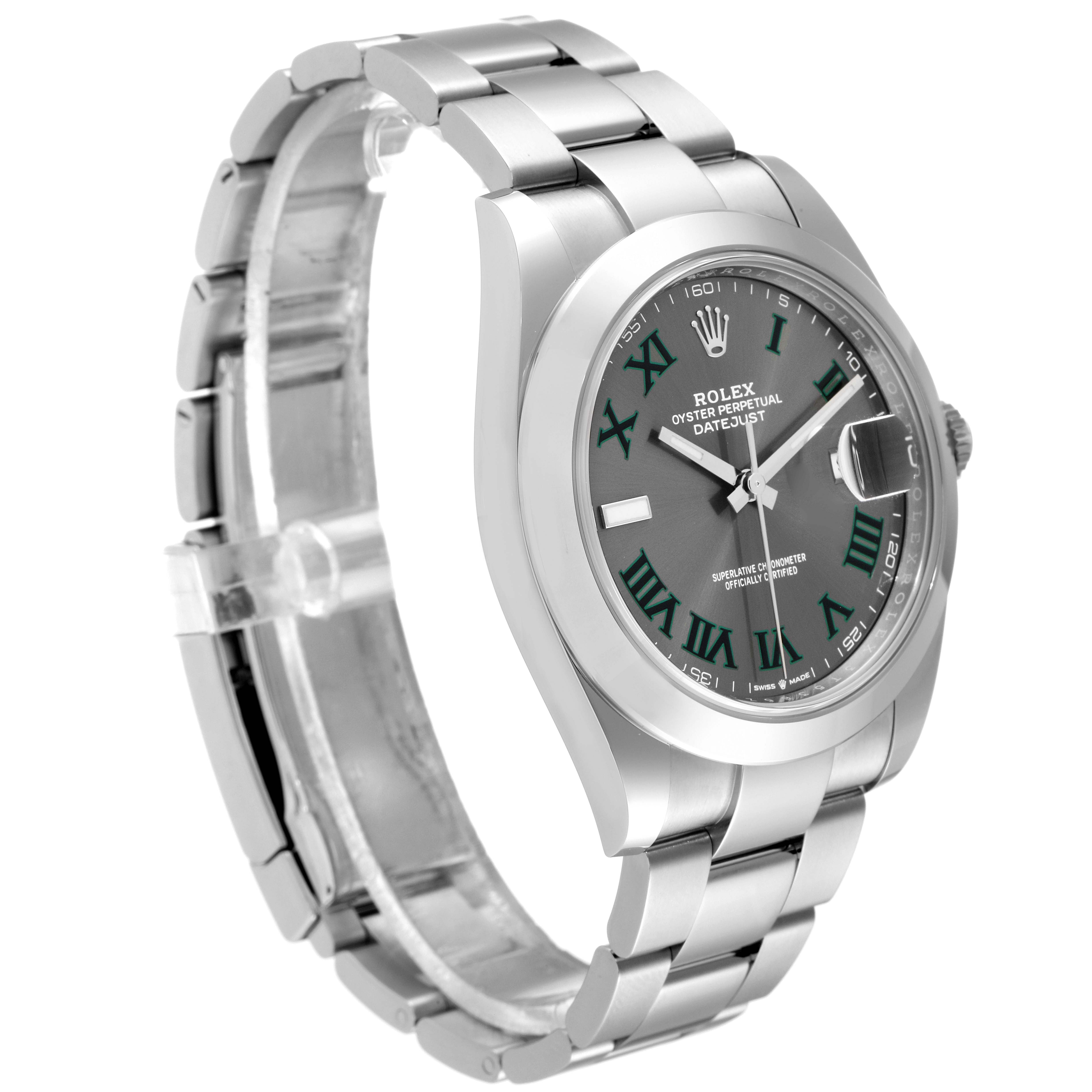 The Rolex Datejust 41 126300 Men
s Stainless Steel Grey Dial 126300 Men
s Stainless Steel Grey Dial watch is shown at a slight angle, highlighting the face, bezel, and metal bracelet.