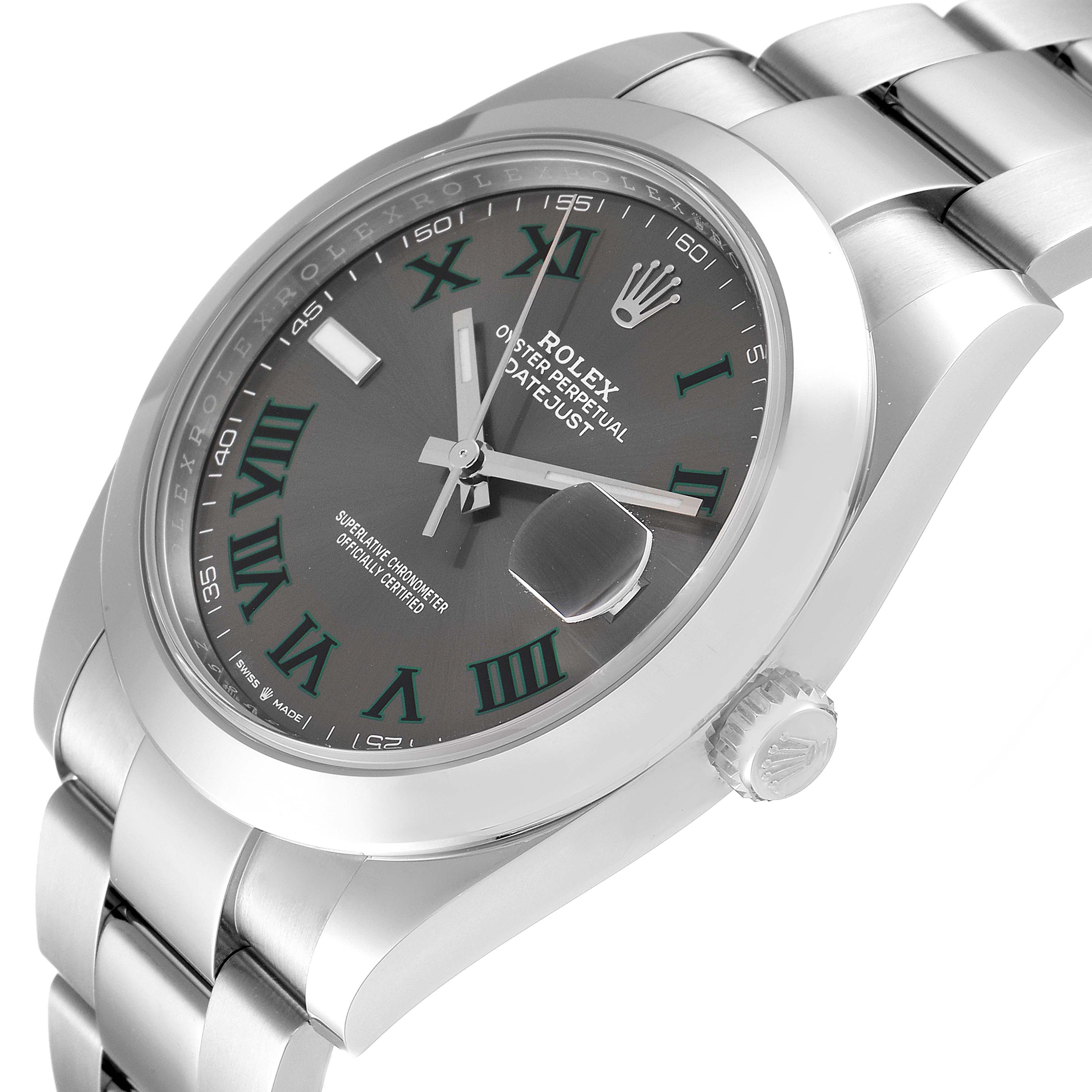 The image shows a close-up, angled view of the Rolex Datejust 41 126300 Men
s Stainless Steel Grey Dial 126300 Men
s Stainless Steel Grey Dial watch, highlighting the dial, bezel, and part of the bracelet.