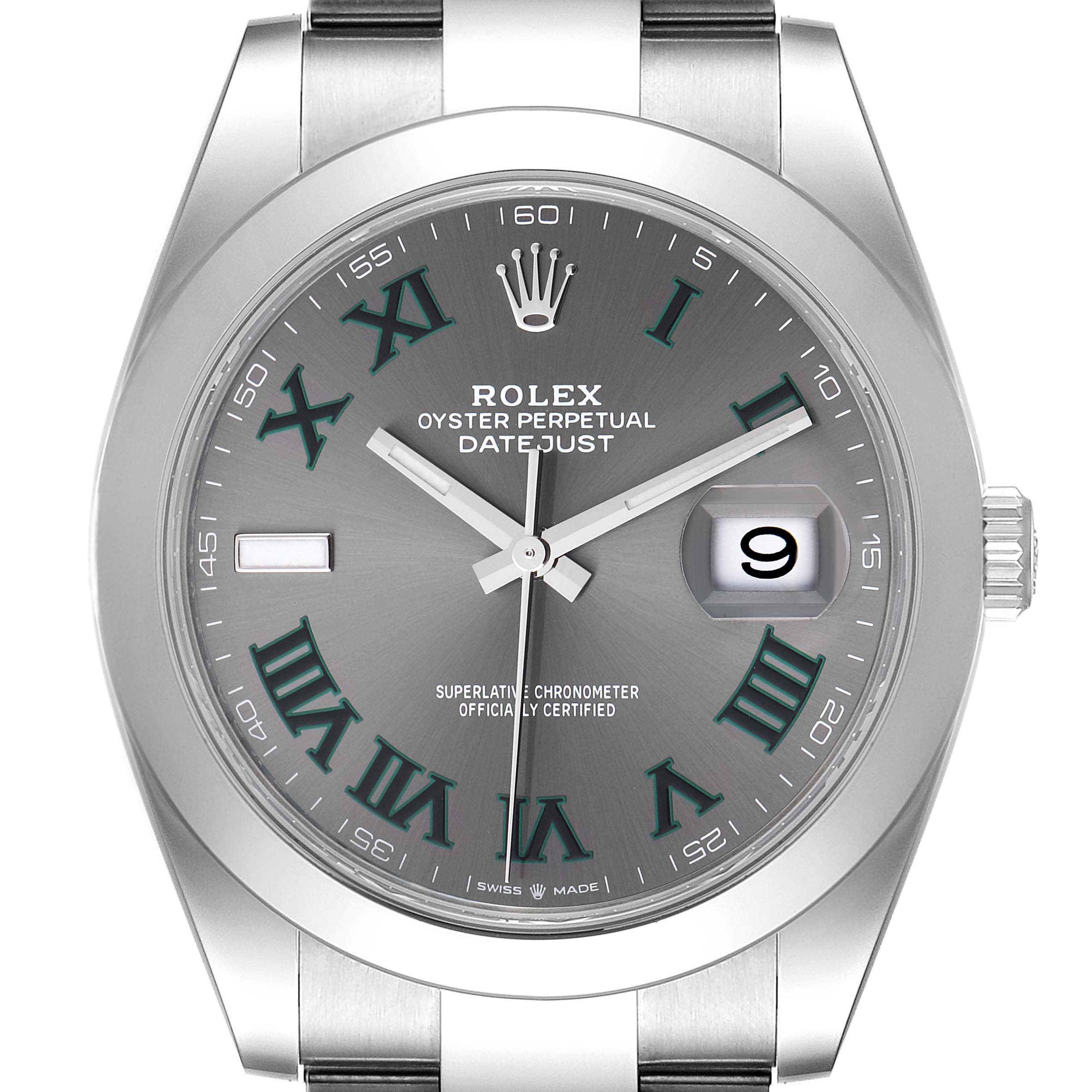 This image shows a close-up front view of the Rolex Datejust 41 126300 Men
s Stainless Steel Grey Dial 126300 Men
s Stainless Steel Grey Dial, highlighting the dial, hour markers, hands, and date window.