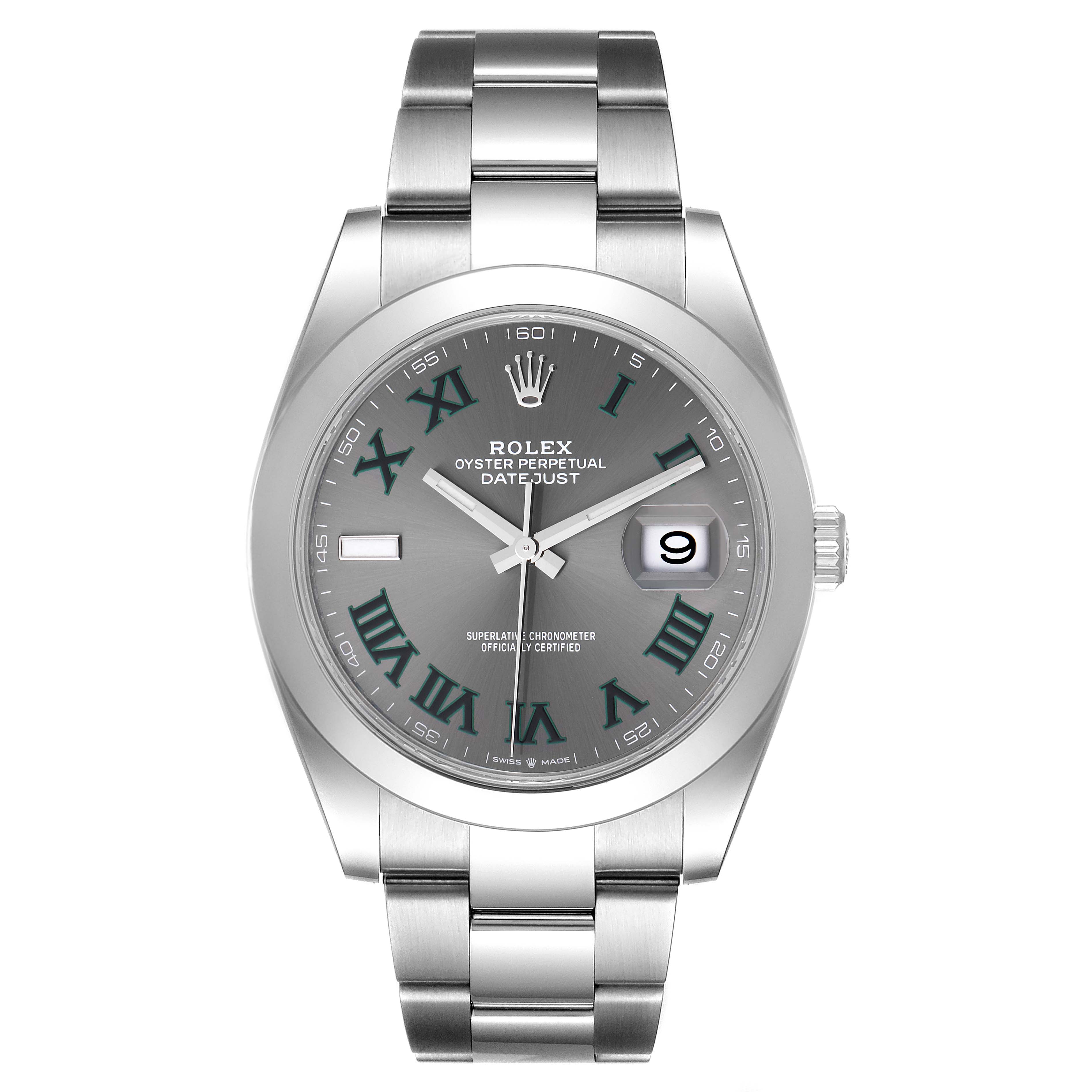 This is a front view of the Rolex Datejust 41 126300 Men
s Stainless Steel Grey Dial 126300 Men
s Stainless Steel Grey Dial watch, showcasing the dial, bracelet, and date window.