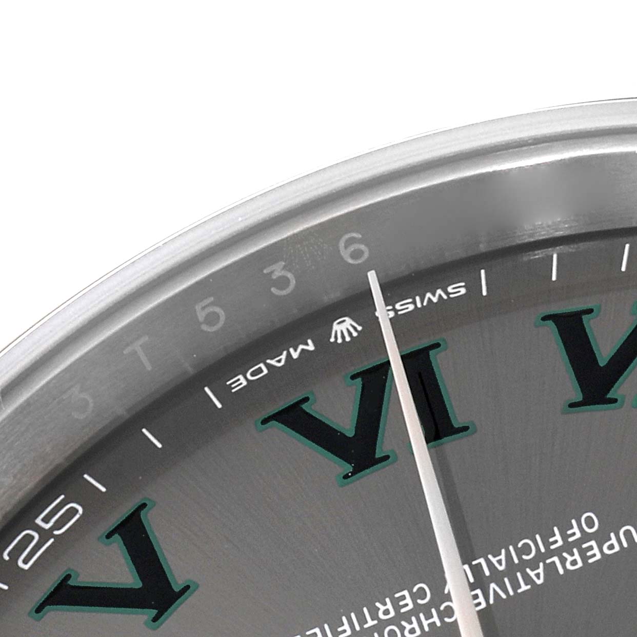The image shows a close-up of the dial, edge, and part of the hand of a Rolex Datejust 41 126300 Men
s Stainless Steel Grey Dial 126300 Men
s Stainless Steel Grey Dial watch.