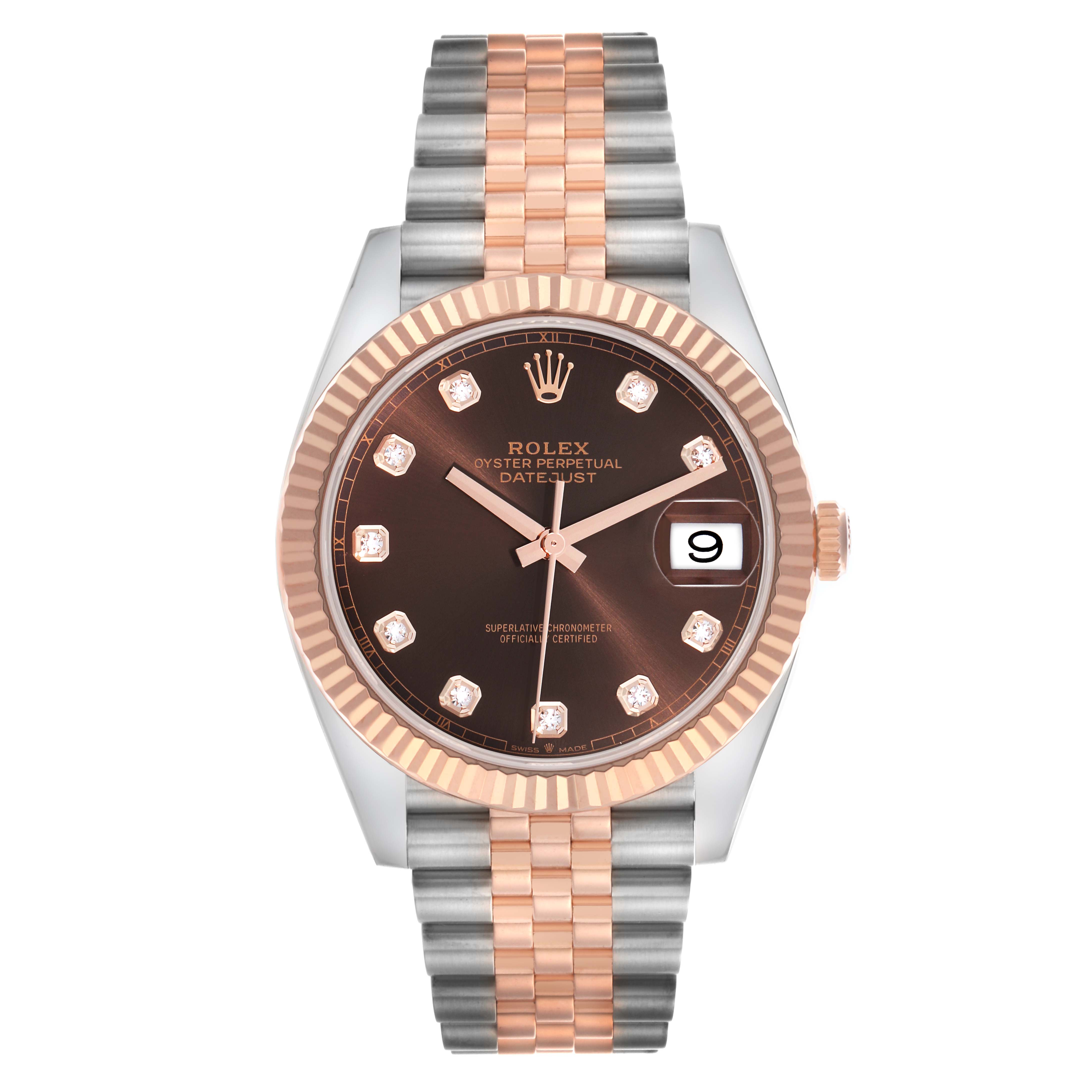 The Rolex Datejust 41 126331 Men
s Steel and Gold (two tone) Brown Dial 126331 Men
s Steel and Gold (two tone) Brown Dial watch is shown from the front, highlighting the dial, bezel, crown, and Jubilee bracelet.