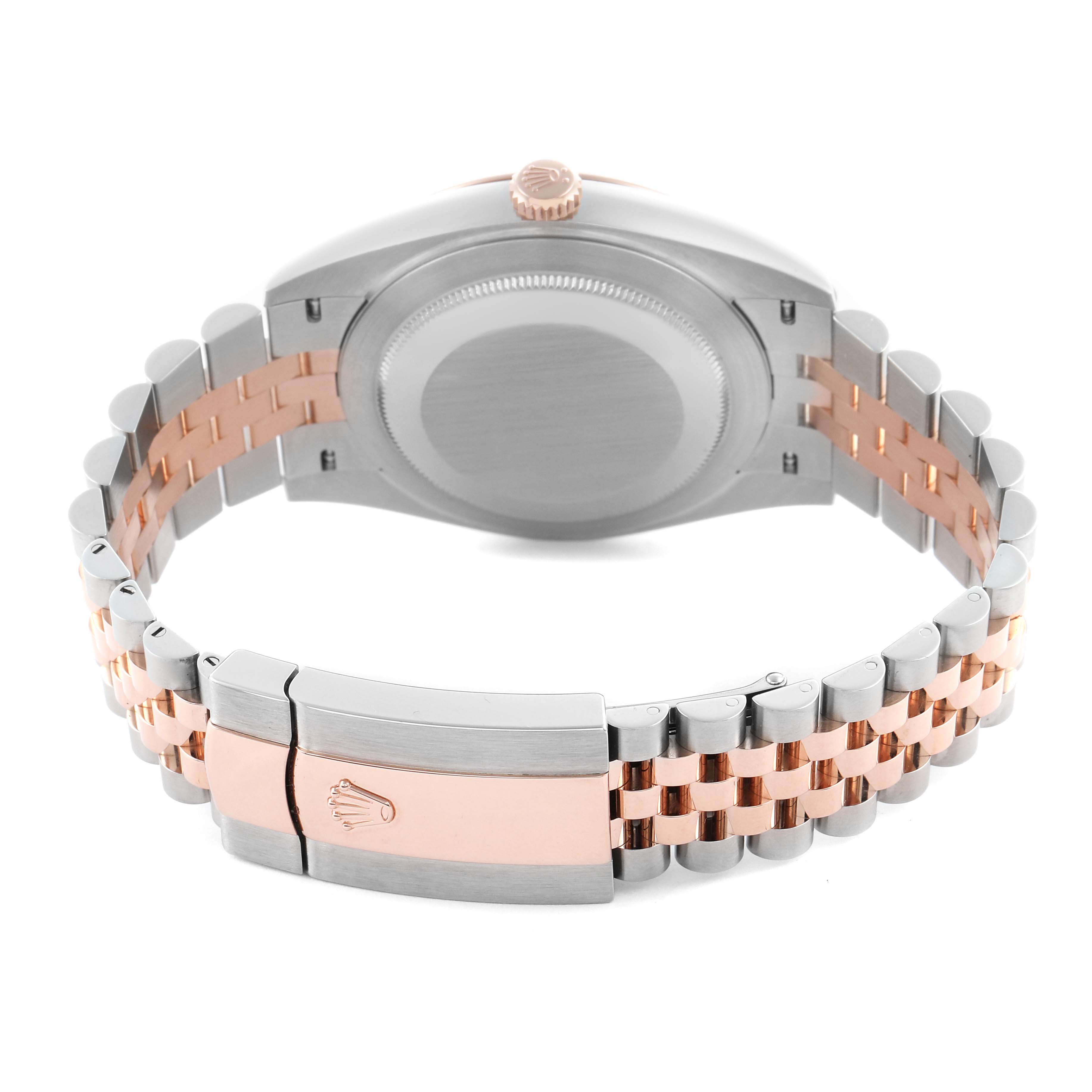 The image shows the back view of a Rolex Datejust 41 126331 Men
s Steel and Gold (two tone) Brown Dial 126331 Men
s Steel and Gold (two tone) Brown Dial, focusing on the case back and two-tone Jubilee bracelet.