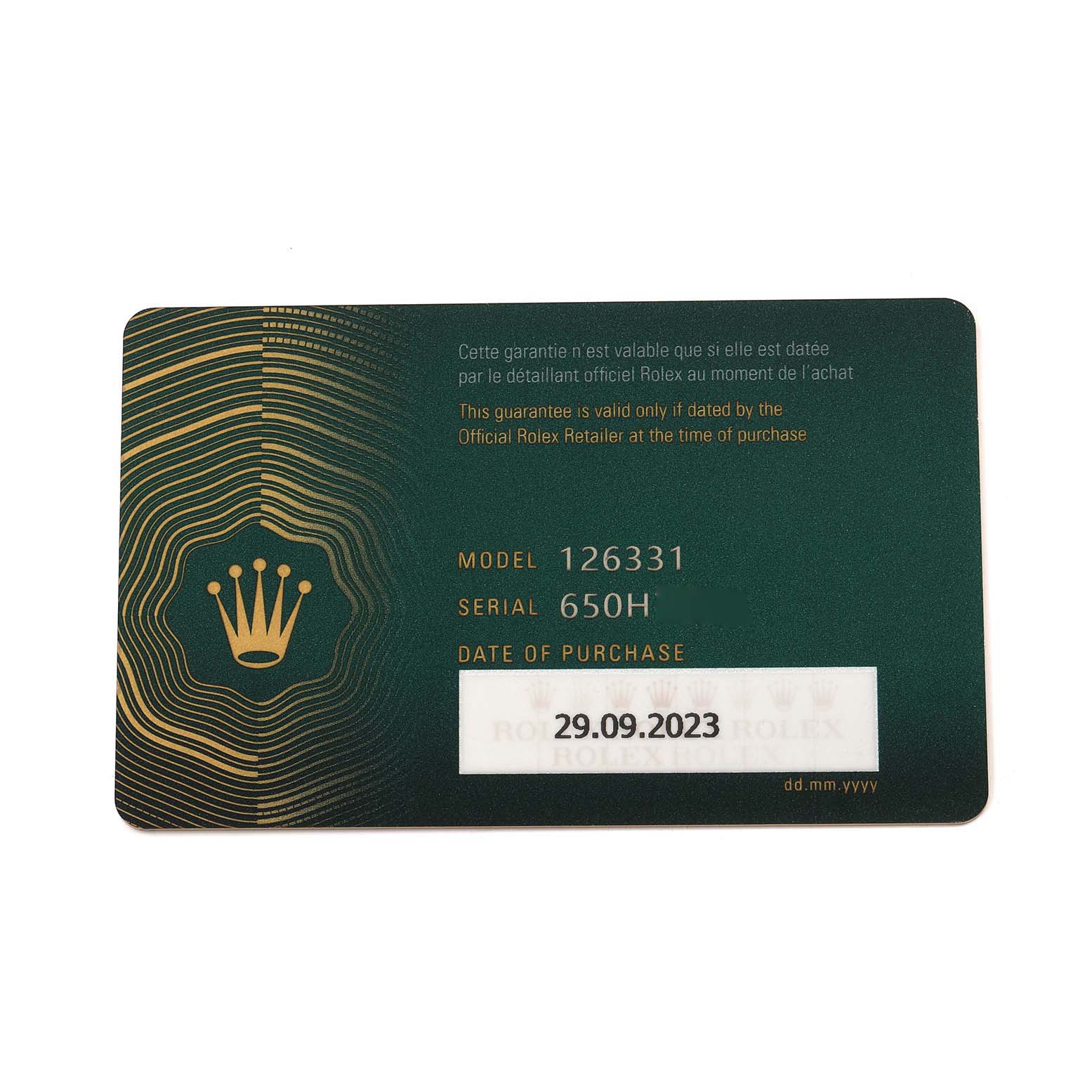 The image shows a warranty card for the Rolex Datejust 41 126331 Men
s Steel and Gold (two tone) Brown Dial 126331 Men
s Steel and Gold (two tone) Brown Dial model, displaying model and serial numbers.