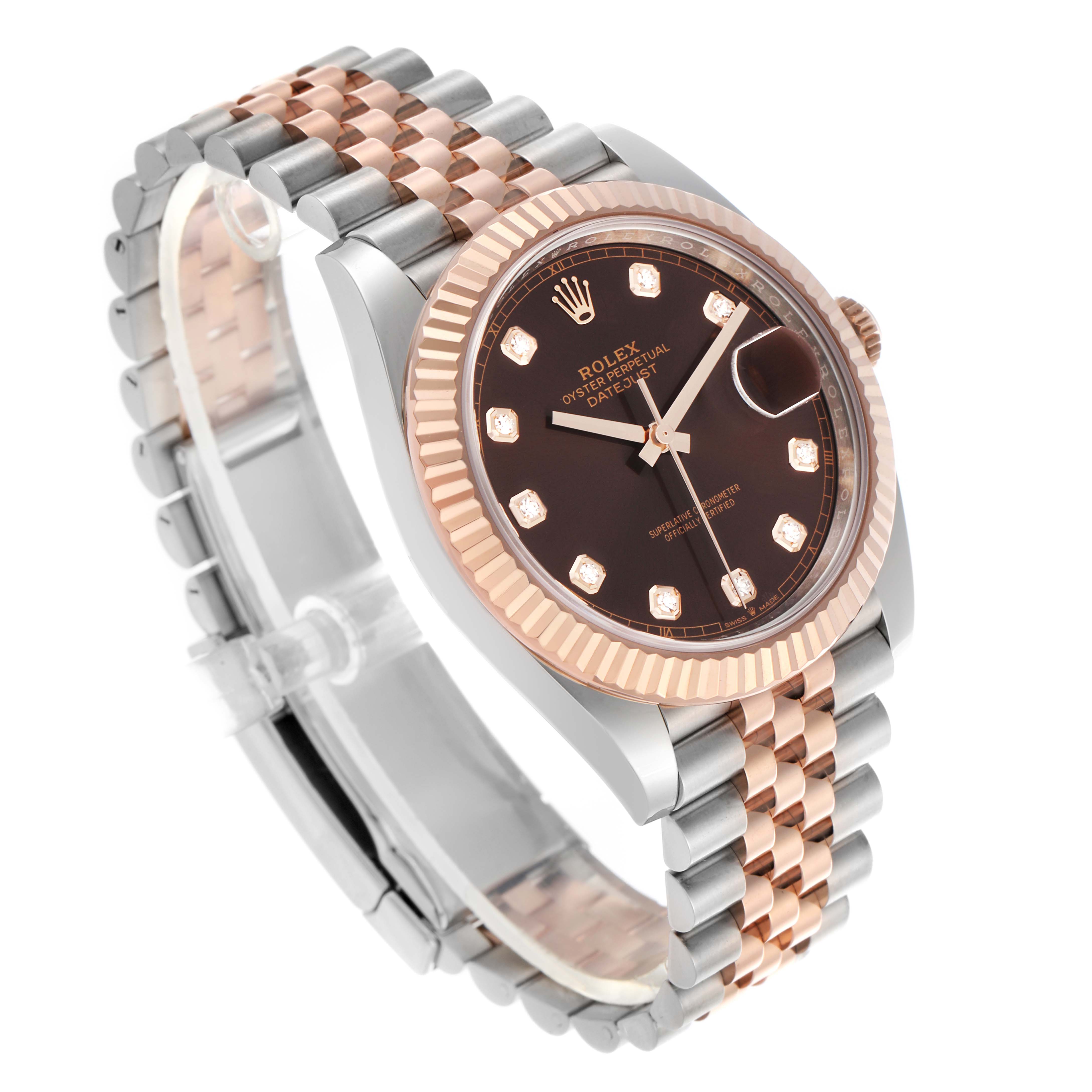 The Rolex Datejust 41 126331 Men
s Steel and Gold (two tone) Brown Dial 126331 Men
s Steel and Gold (two tone) Brown Dial is shown at an angled view, featuring its fluted bezel, jubilee bracelet, and dark dial with diamond hour markers.