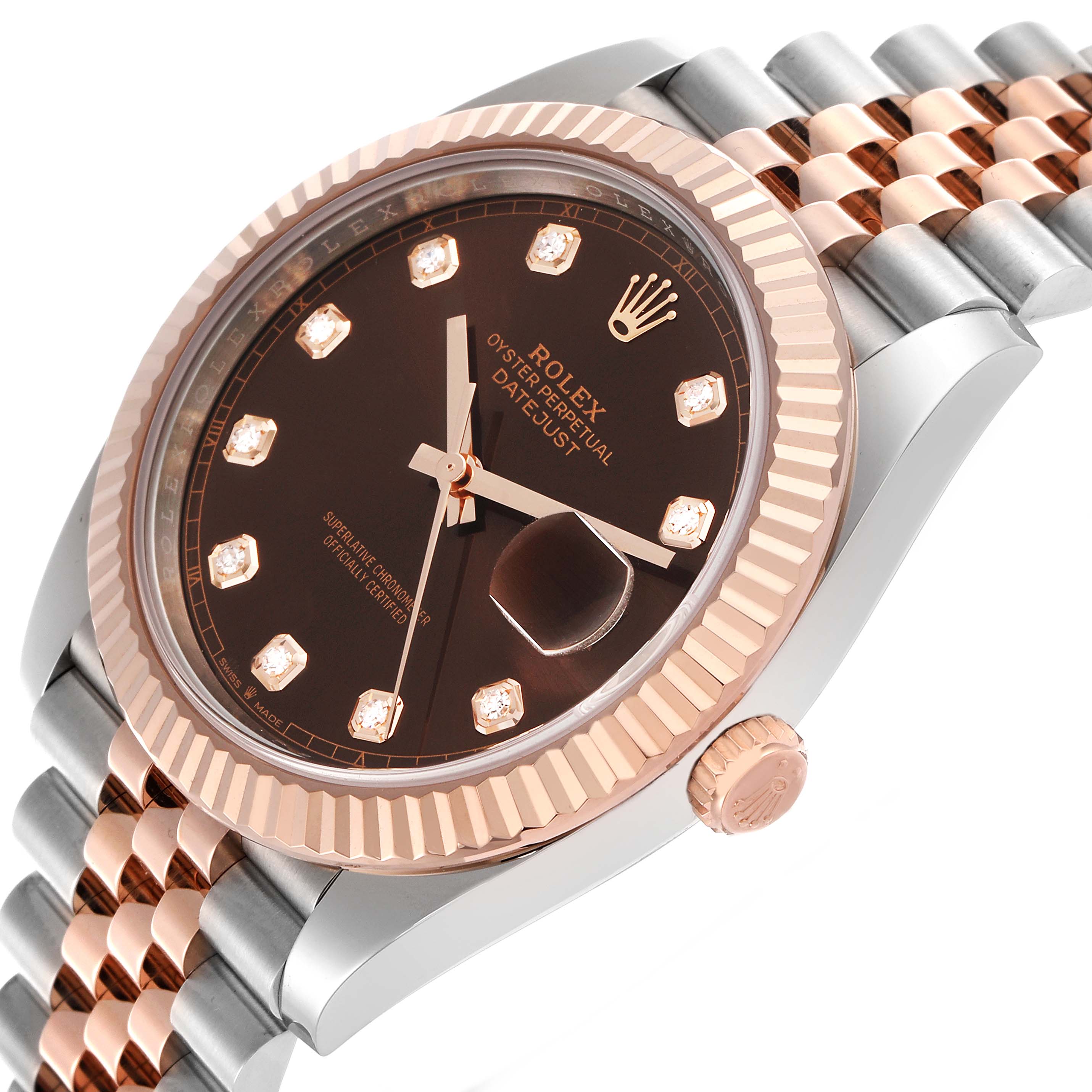 The Rolex Datejust 41 126331 Men
s Steel and Gold (two tone) Brown Dial 126331 Men
s Steel and Gold (two tone) Brown Dial is shown at an angle highlighting the rose gold fluted bezel, chocolate dial with diamond markers, and two-tone bracelet.