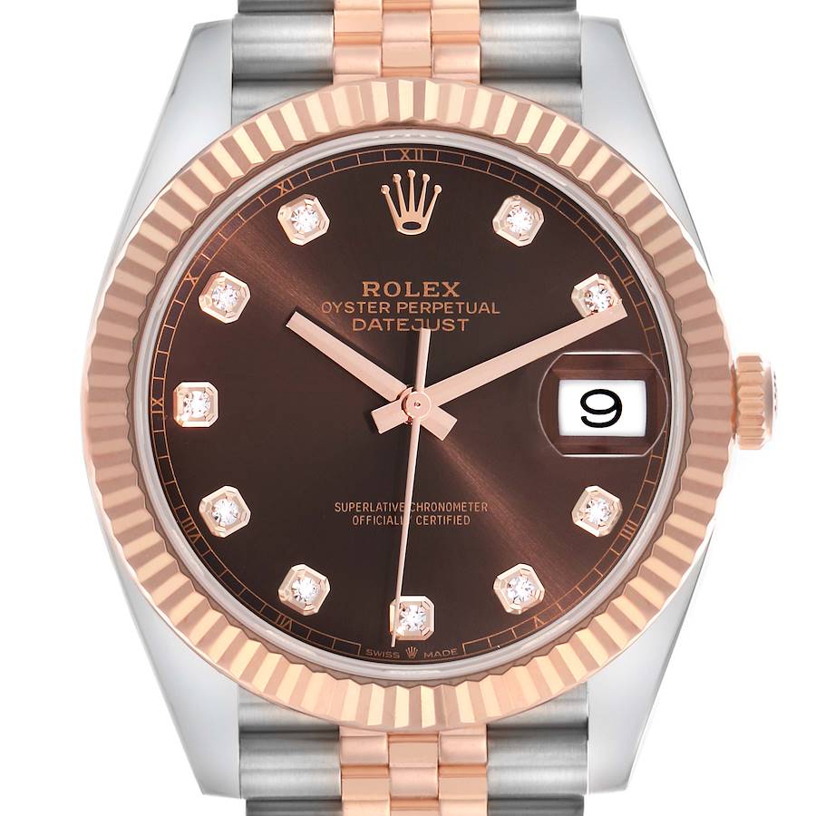 The Rolex Datejust 41 is shown from the front, highlighting the brown dial, diamond hour markers, and two-tone bracelet.