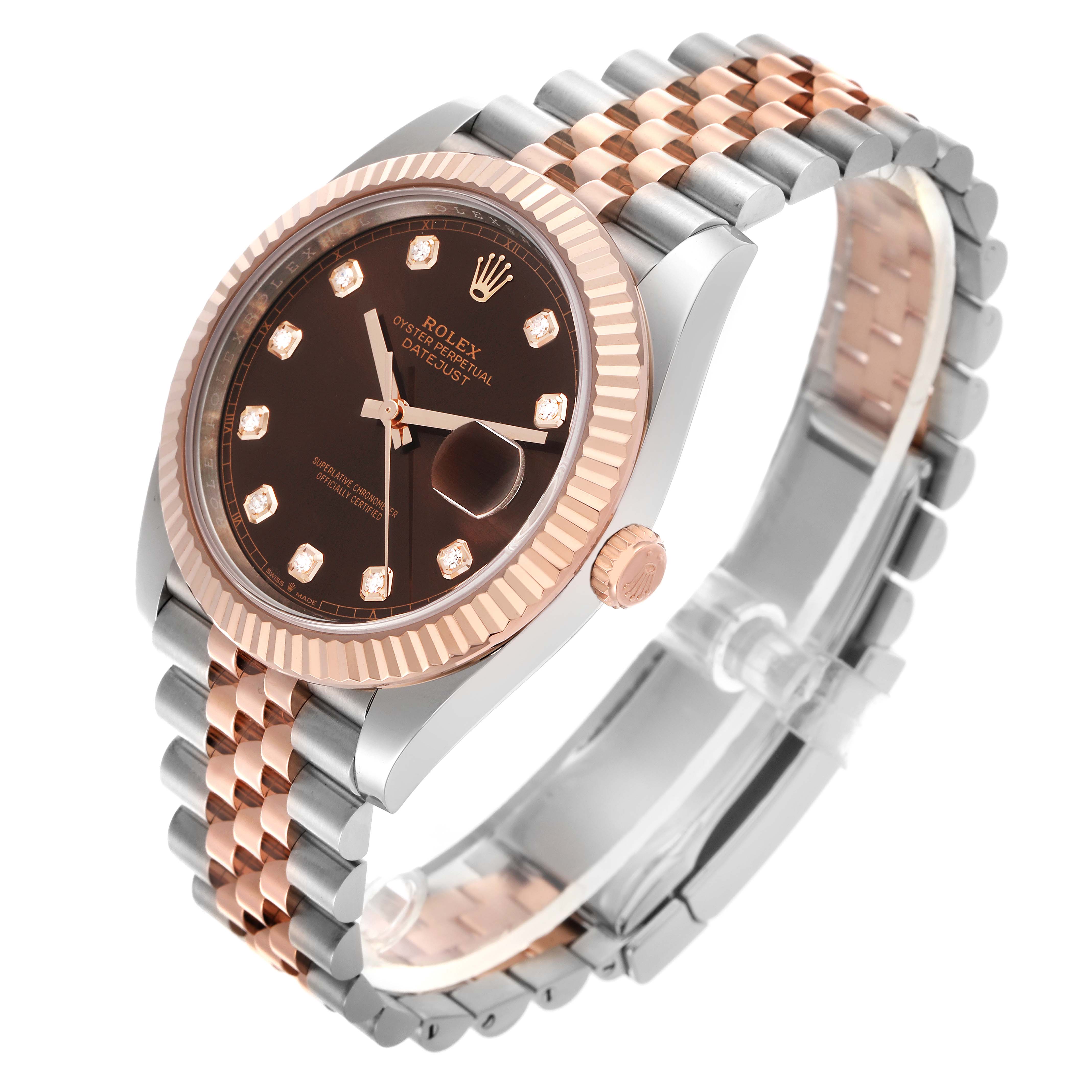 The Rolex Datejust 41 126331 Men
s Steel and Gold (two tone) Brown Dial 126331 Men
s Steel and Gold (two tone) Brown Dial is shown at an angled view, highlighting the dial, fluted bezel, Jubilee bracelet, and crown.
