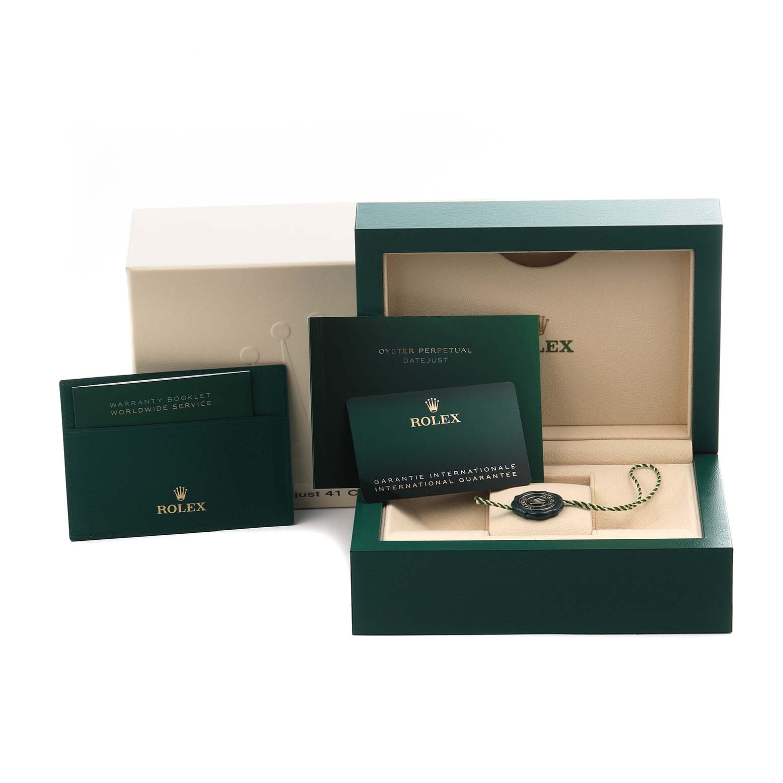 The image shows the packaging and accessories for the Rolex Datejust 41 126331 Men
s Steel and Gold (two tone) Brown Dial 126331 Men
s Steel and Gold (two tone) Brown Dial, including the box, warranty booklet, and hang tag.