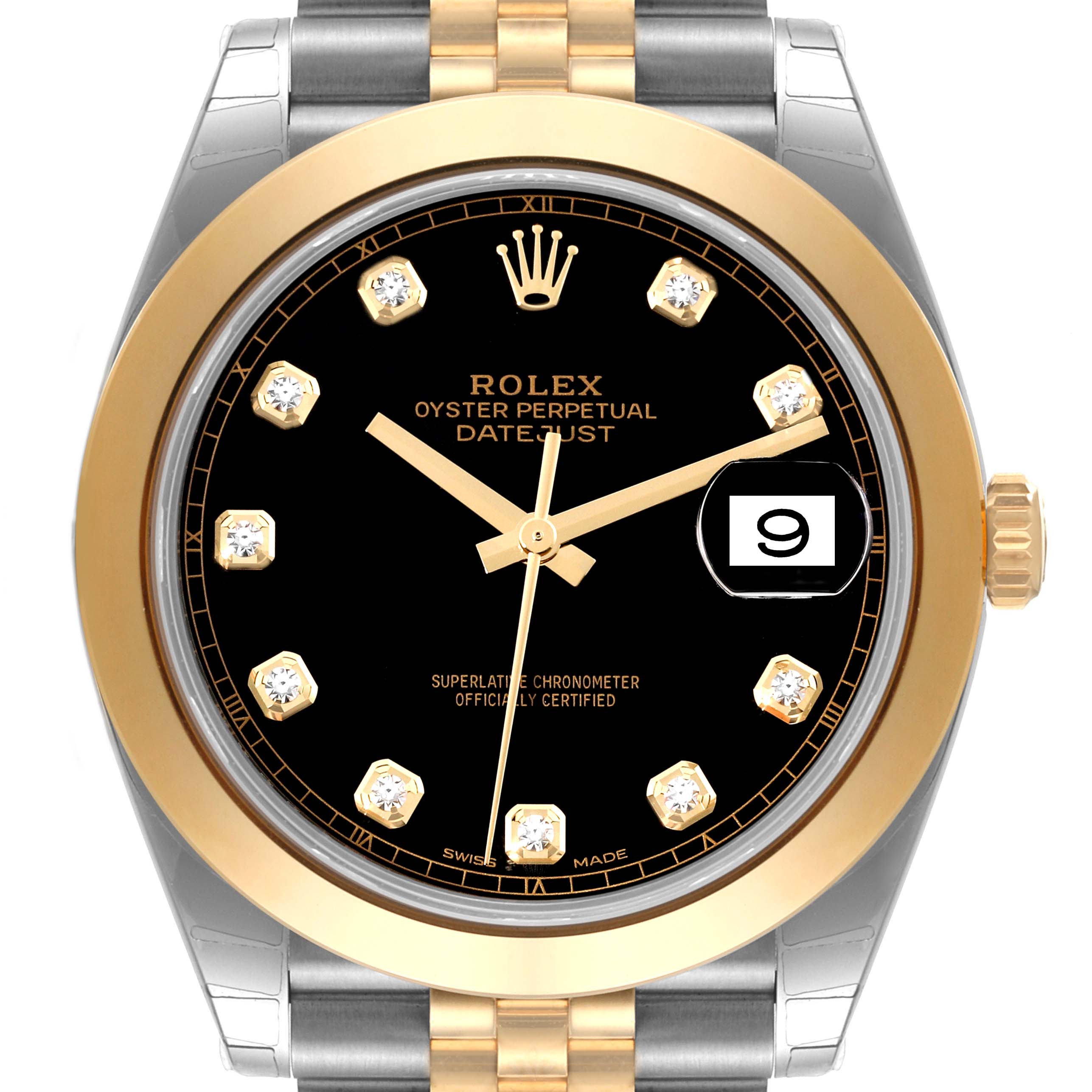 This image shows the front view of a Rolex Datejust 41 126303 Men's Steel and Gold (two tone) Black Dial 126303 Men's Steel and Gold (two tone) Black Dial watch, highlighting the dial, hands, bezel, and part of the bracelet.