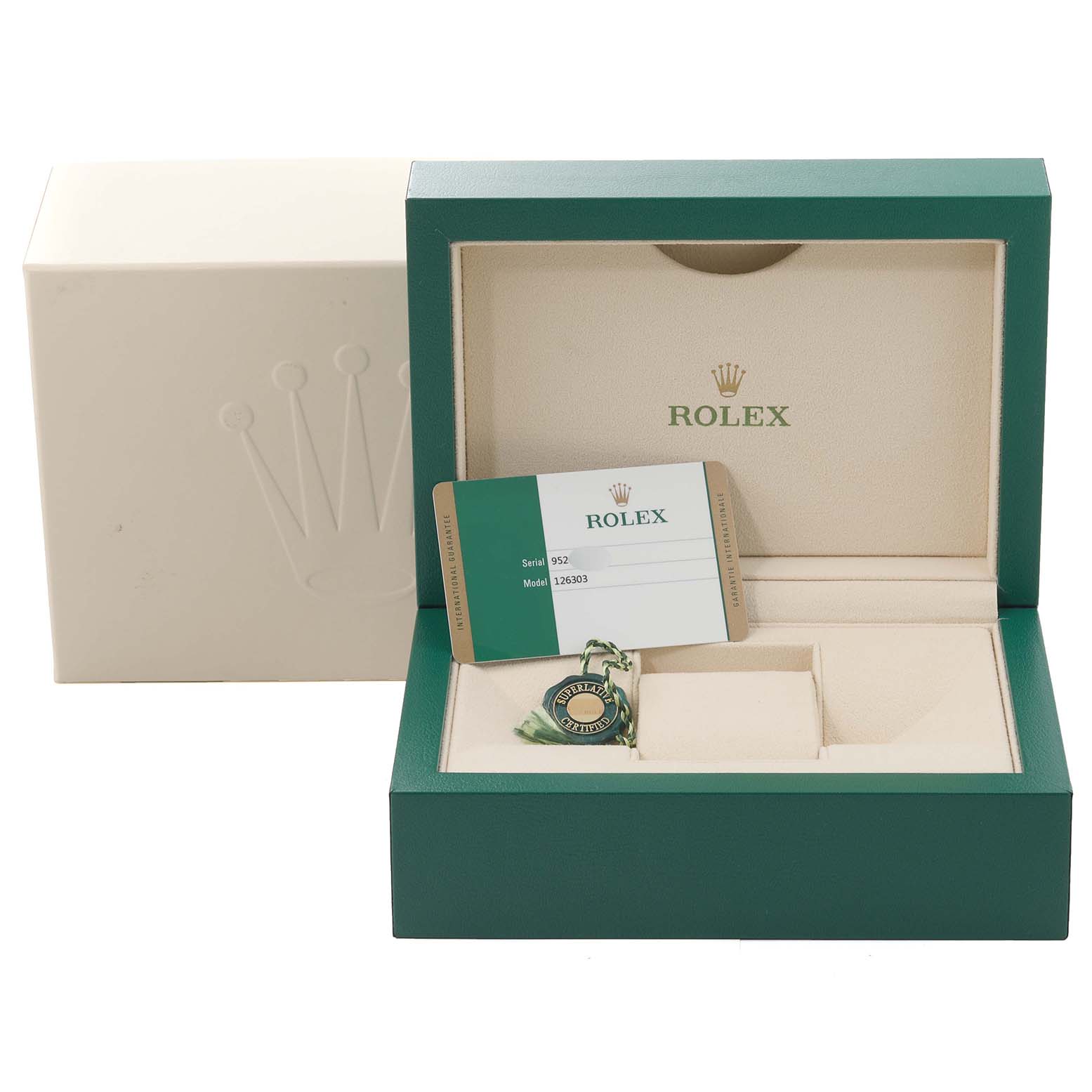 The image shows the box and accessories of a Rolex Datejust 41 126303 Men's Steel and Gold (two tone) Black Dial 126303 Men's Steel and Gold (two tone) Black Dial, including the warranty card and tag, from an angled top view.