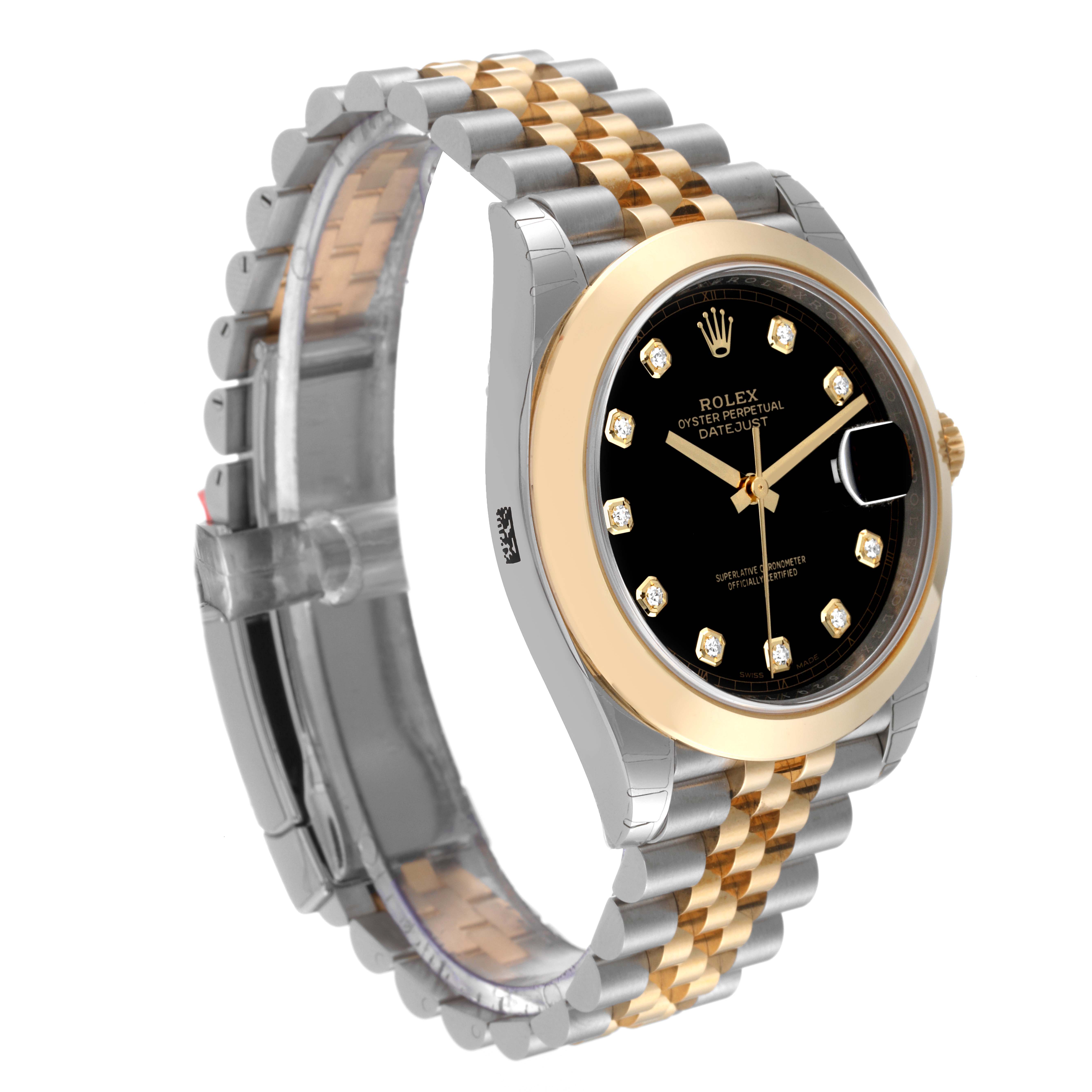 The Rolex Datejust 41 126303 Men's Steel and Gold (two tone) Black Dial 126303 Men's Steel and Gold (two tone) Black Dial model is shown from a side angle highlighting the bezel, bracelet, and black dial with diamond markers.