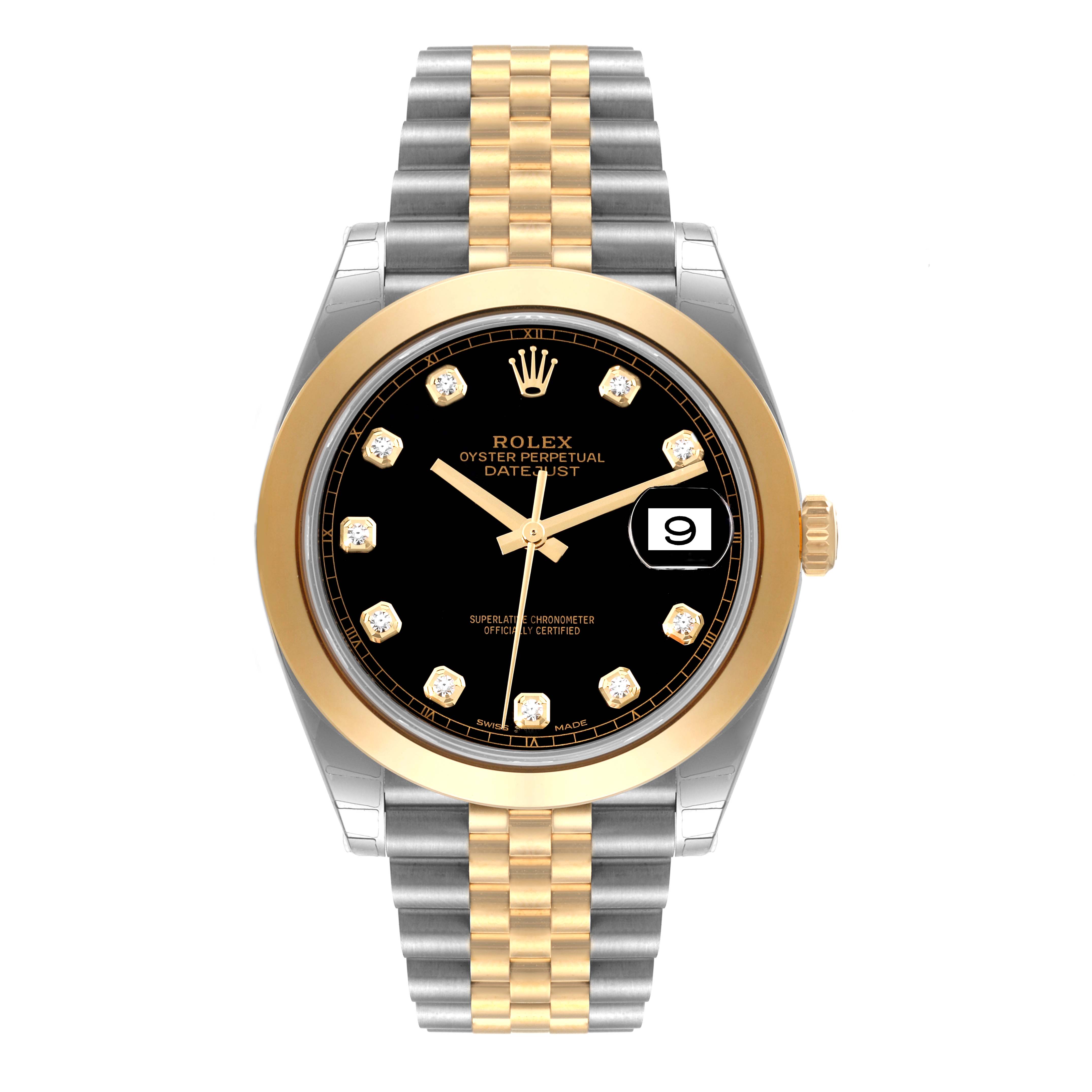 The image shows a frontal view of a Rolex Datejust 41 126303 Men's Steel and Gold (two tone) Black Dial 126303 Men's Steel and Gold (two tone) Black Dial watch with a black dial, gold bezel, diamond hour markers, and a two-tone bracelet.