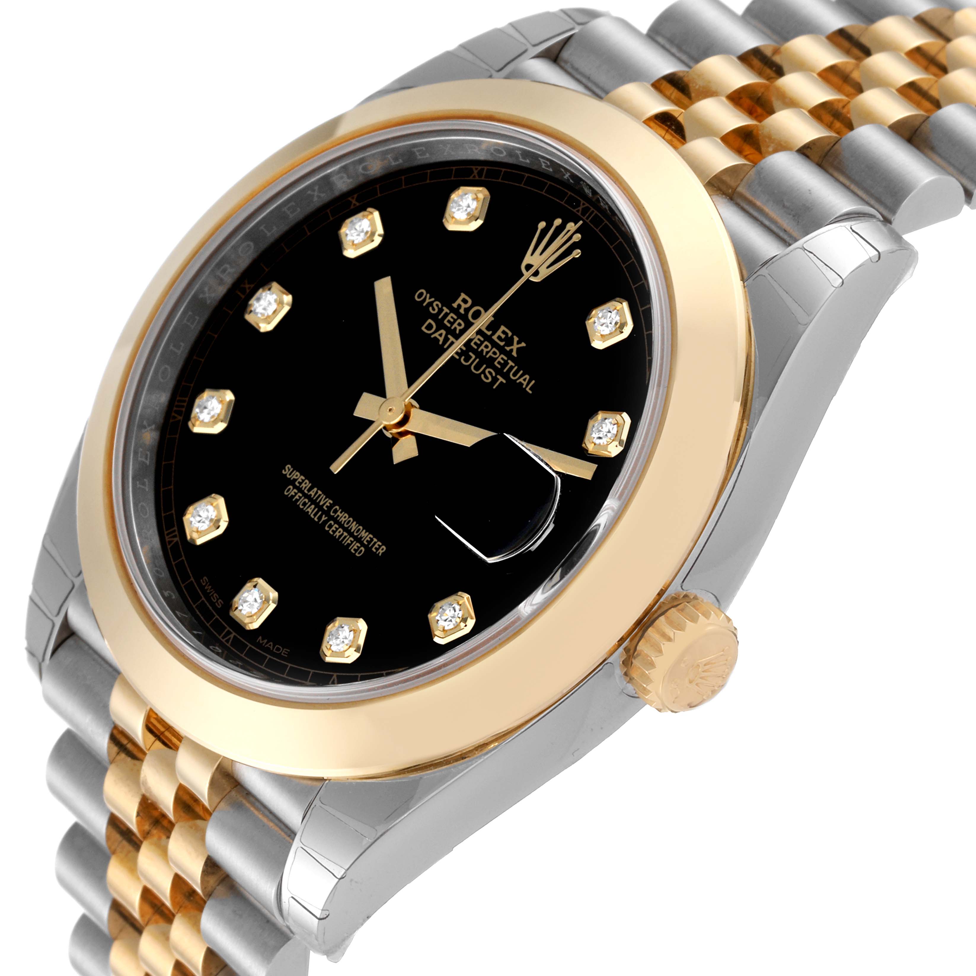 The image shows a side and partial top view of the Rolex Datejust 41 126303 Men's Steel and Gold (two tone) Black Dial 126303 Men's Steel and Gold (two tone) Black Dial watch, focusing on the dial, bezel, and part of the bracelet.