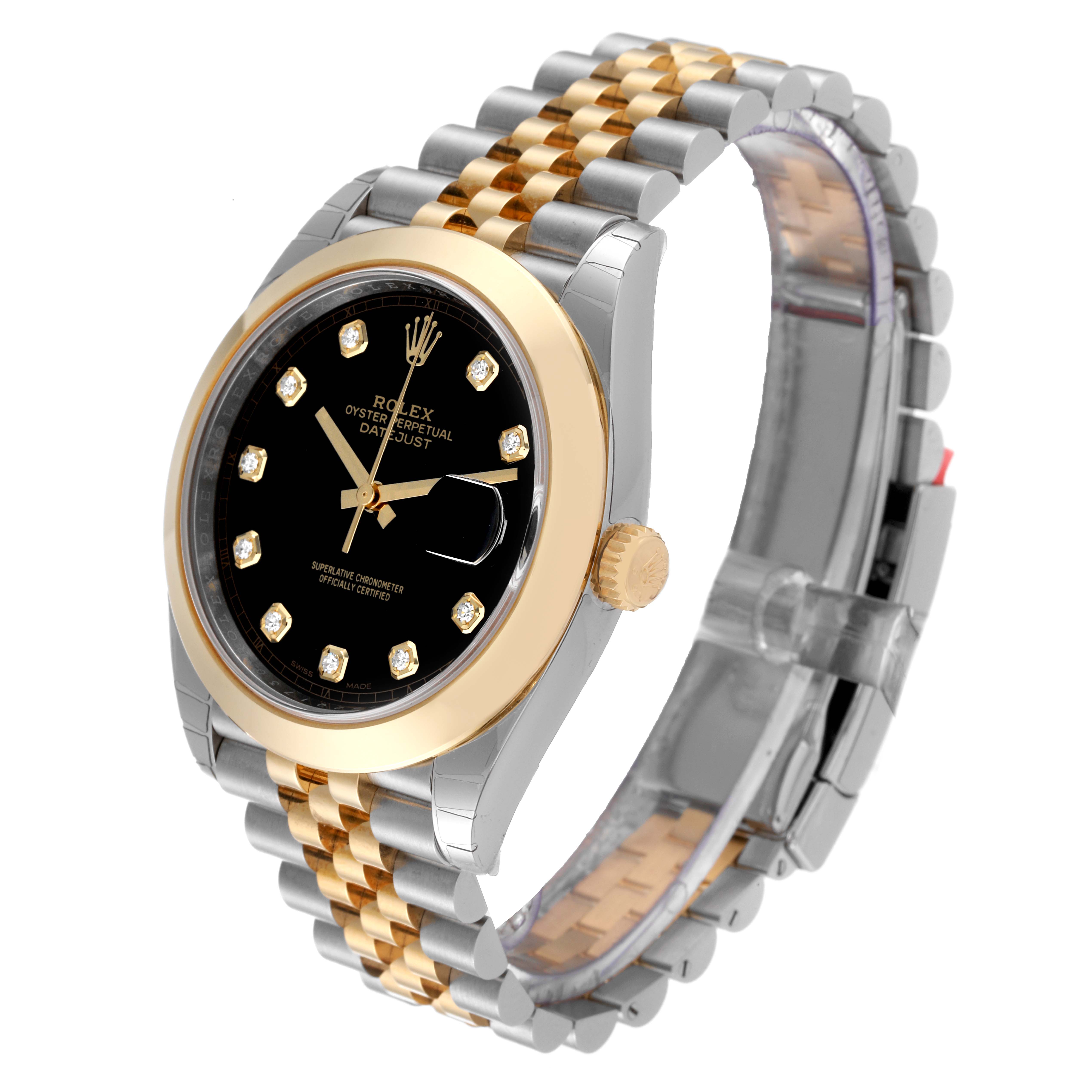 The image shows a Rolex Datejust 41 126303 Men's Steel and Gold (two tone) Black Dial 126303 Men's Steel and Gold (two tone) Black Dial watch at a slight angle, highlighting its black dial, gold bezel, and two-tone bracelet.