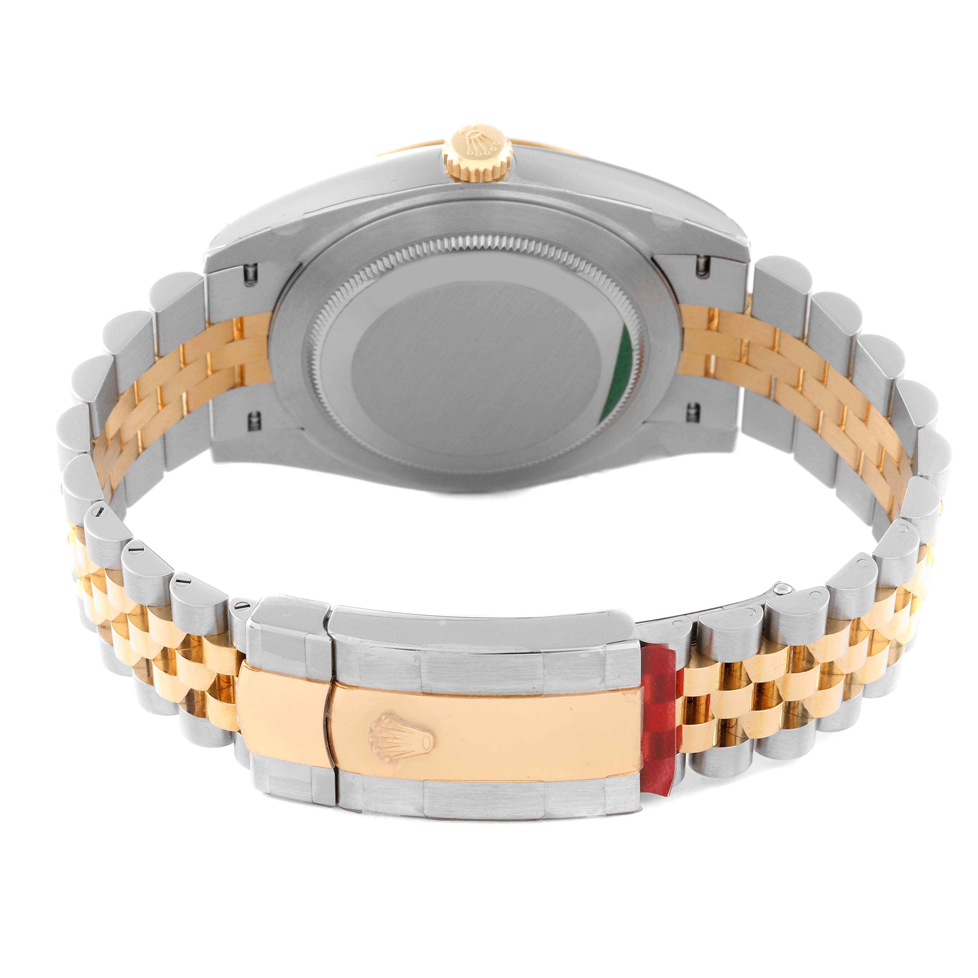 The image shows the back view of a Rolex Datejust 41 126303 Men's Steel and Gold (two tone) Black Dial 126303 Men's Steel and Gold (two tone) Black Dial watch, highlighting the case back and Jubilee bracelet.