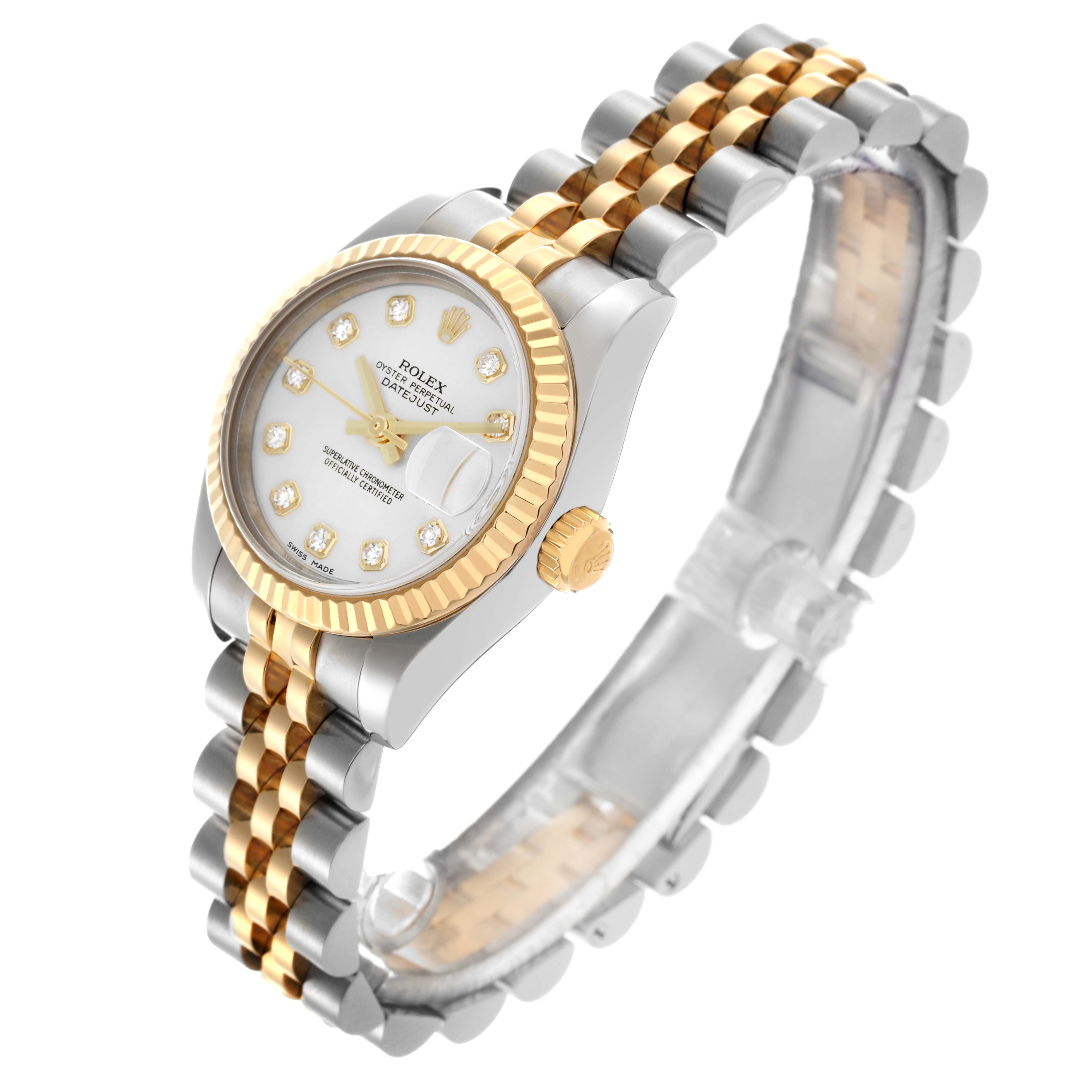 The Rolex Datejust 179173 Women
s Steel and Gold (two tone) Silver Dial 179173 Women
s Steel and Gold (two tone) Silver Dial watch is shown from a slightly angled side view, highlighting the face, bezel, crown, and bracelet.