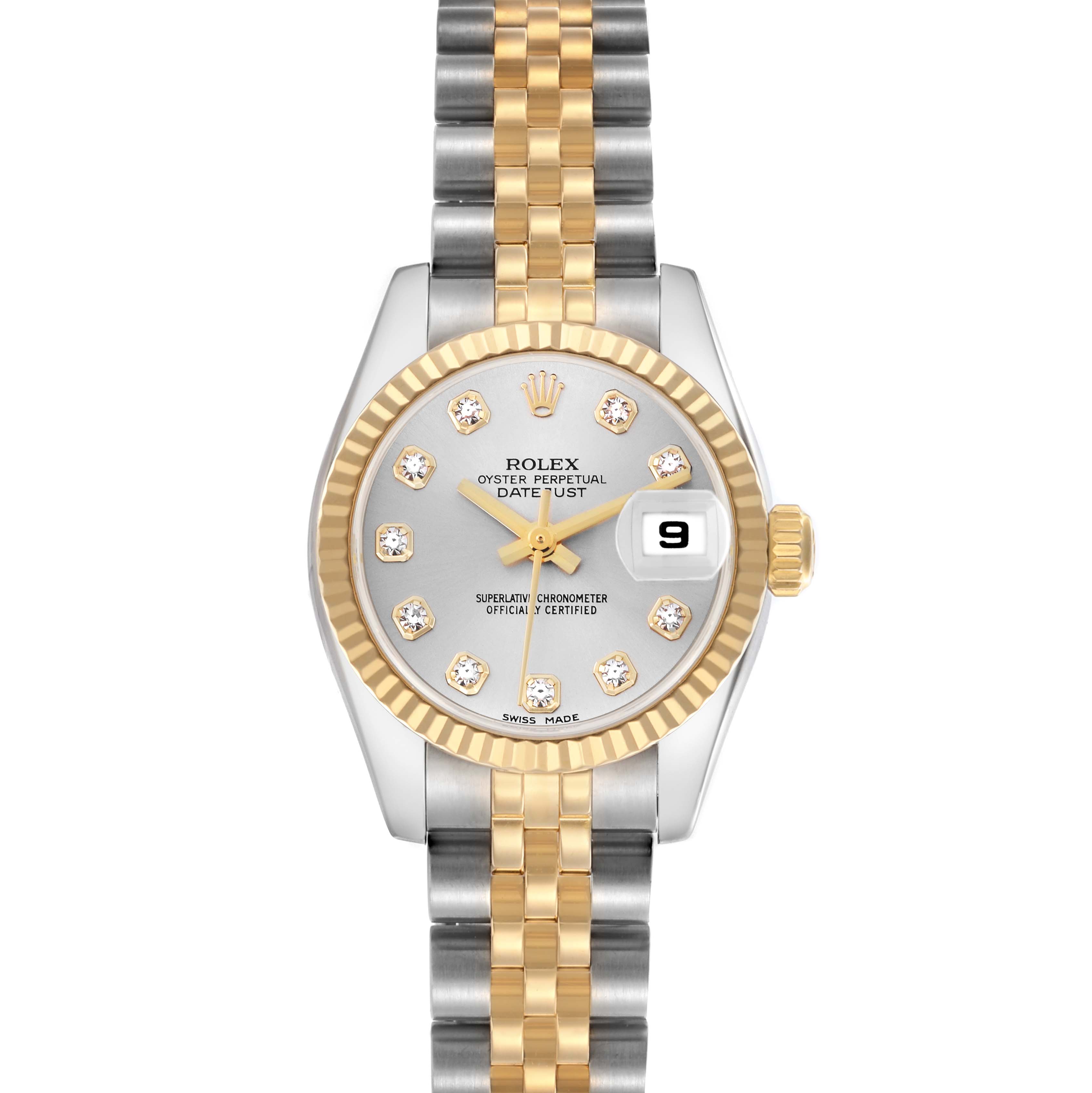 The image shows a front view of a Rolex Datejust 179173 Women
s Steel and Gold (two tone) Silver Dial 179173 Women
s Steel and Gold (two tone) Silver Dial watch, highlighting the dial, bezel, bracelet, and crown.