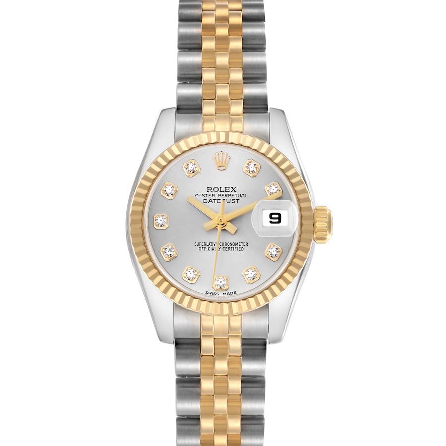The image shows a front view of a Rolex Datejust watch, highlighting the dial, bezel, bracelet, and crown.